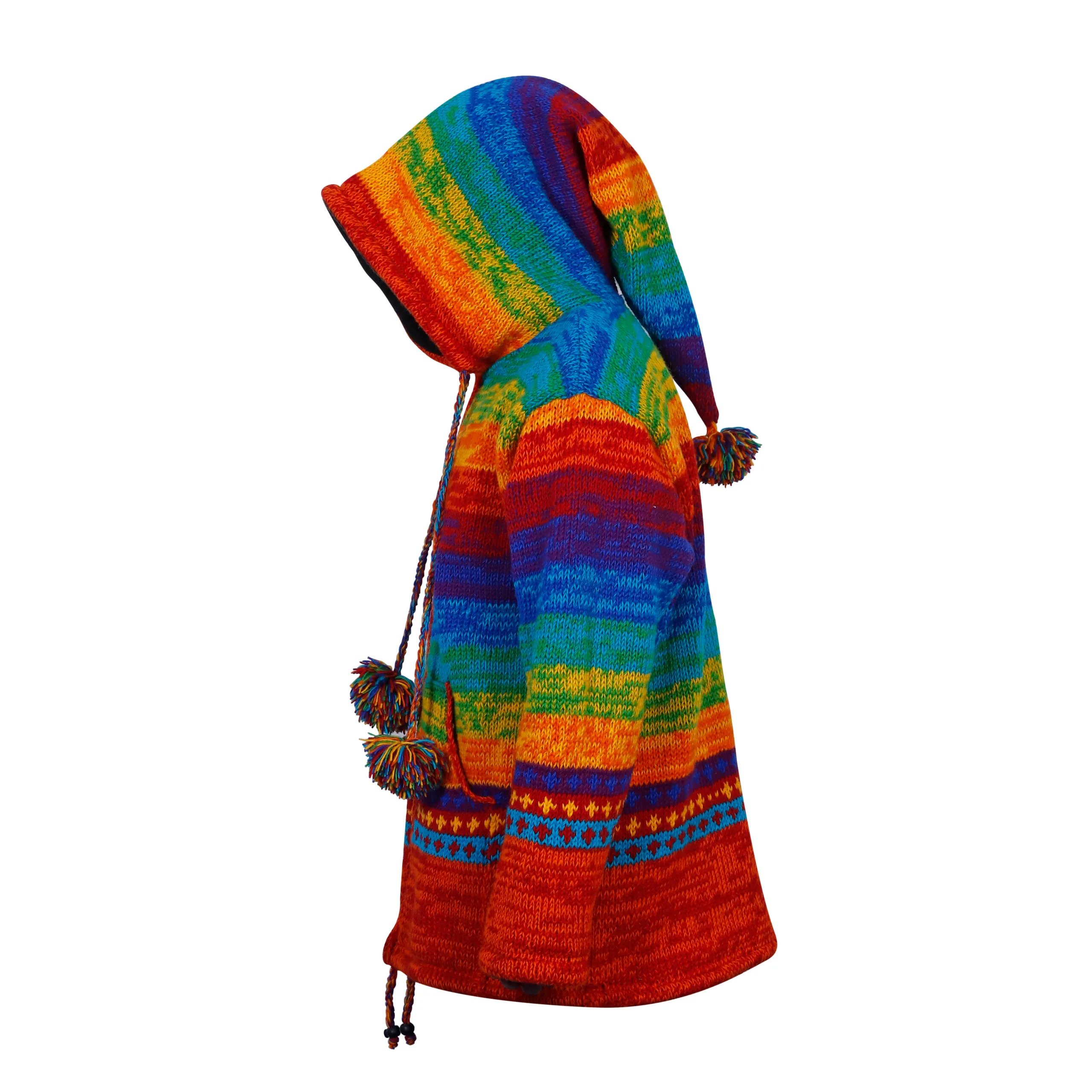 Wool Jacket For Women & Men – Unisex Rasta Rainbow Fleeced Lined – Handknit in Nepal - Image 4