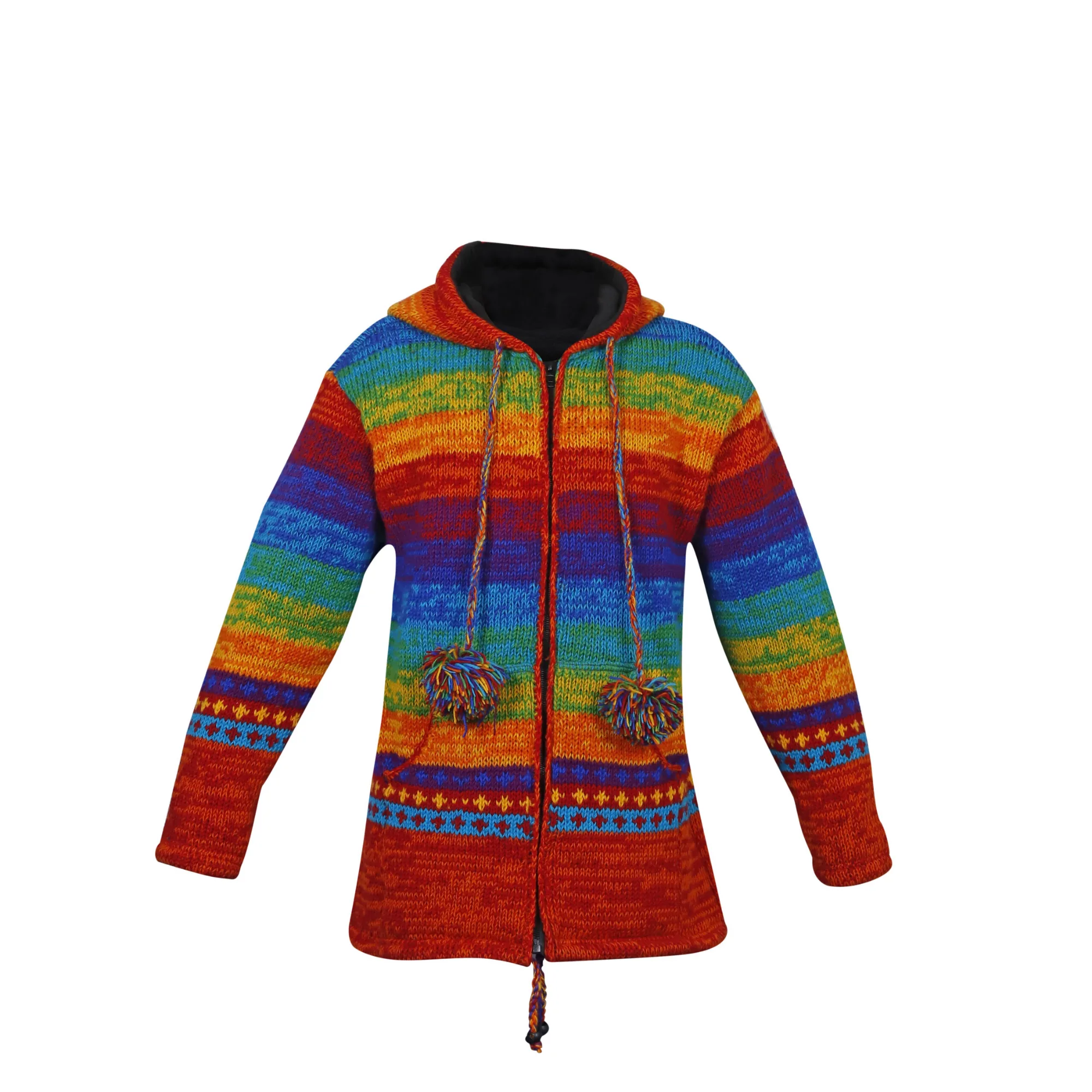 Wool Jacket For Women & Men – Unisex Rasta Rainbow Fleeced Lined – Handknit in Nepal - Image 3
