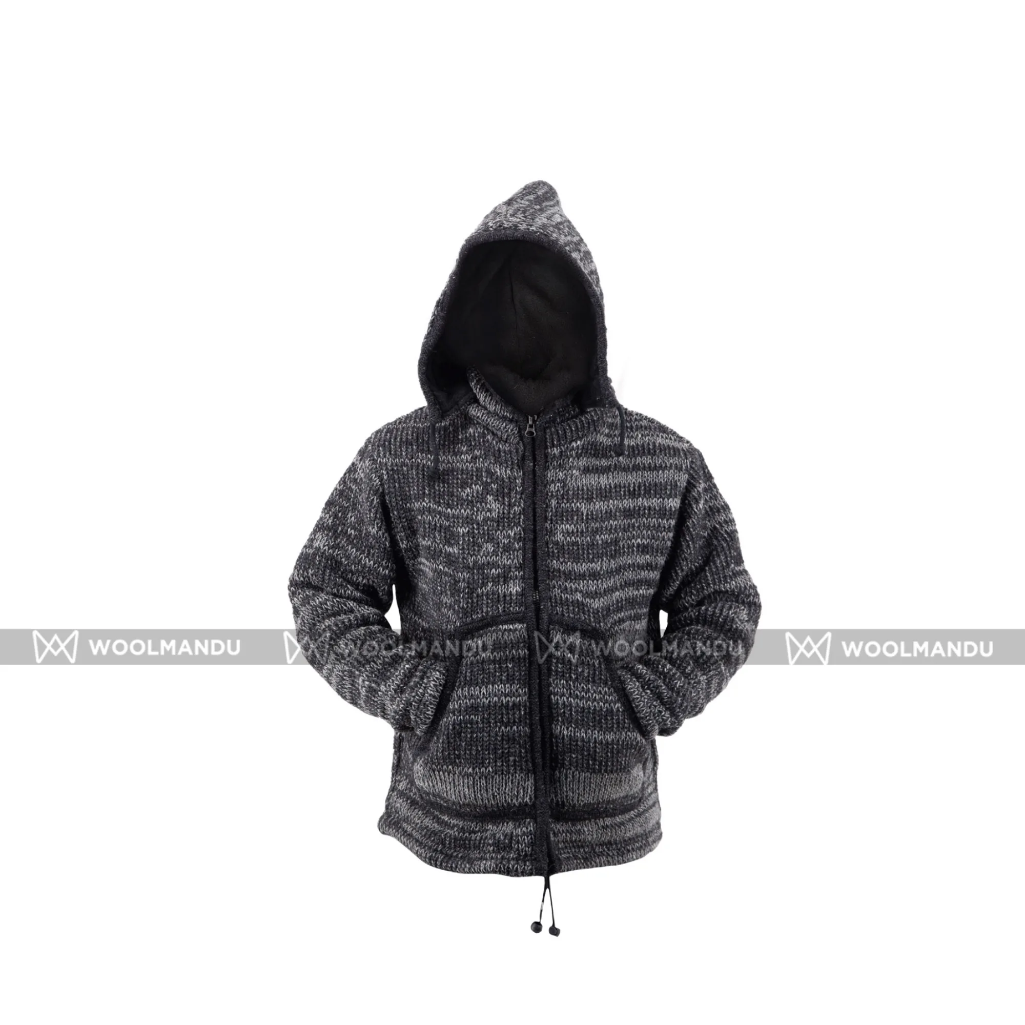 100% Wool Jacket For Women & Men – Unisex Grey Charcoal Fleece Lined – Handknit in Nepal - Image 3