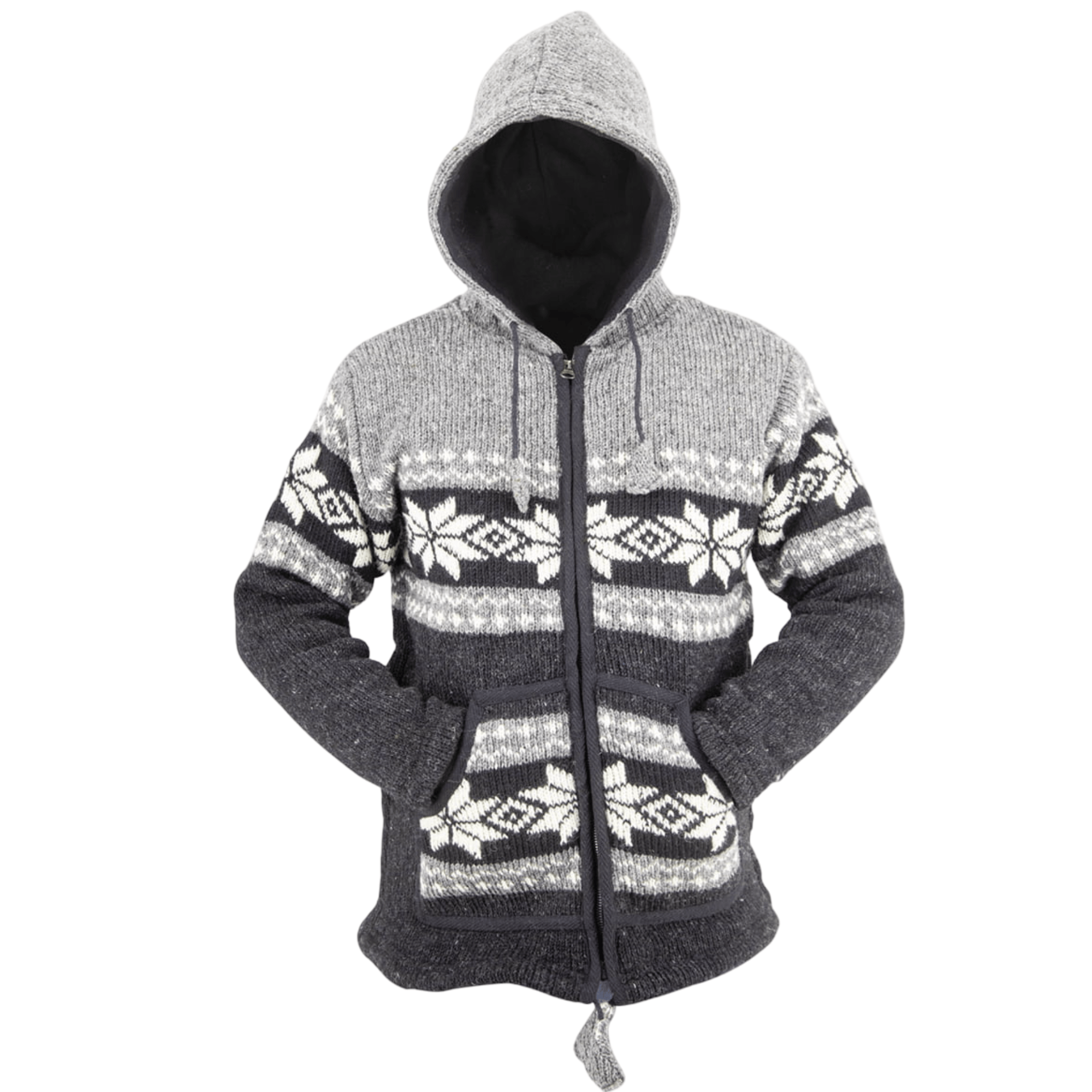 100% Wool Jacket For Women & Men – Unisex Black Grey Fleece Lined – Handknit in Nepal - Image 3