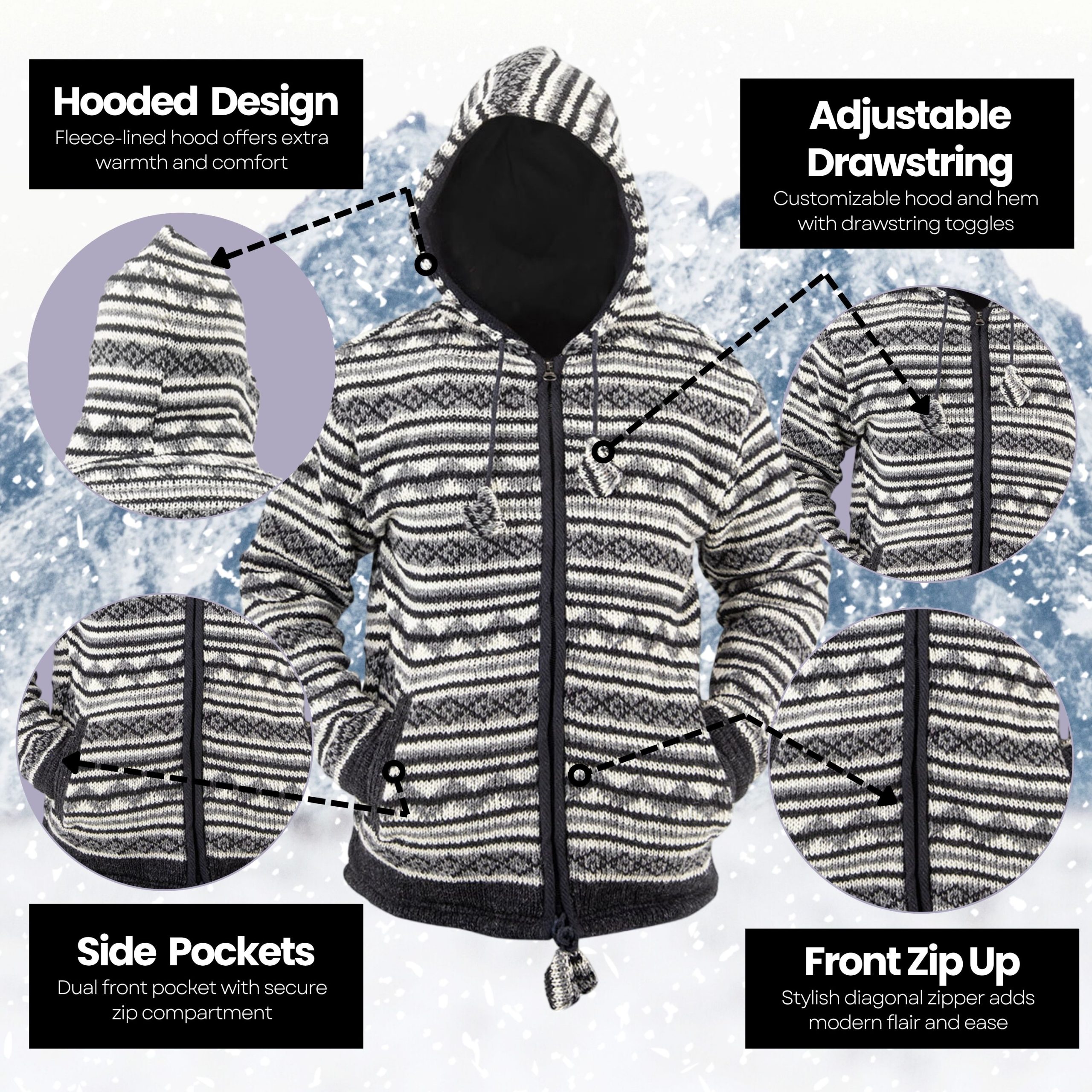 100% Wool Jacket For Women & Men – Unisex Black White Striped Fleece Lined – Handknit in Nepal - Image 7