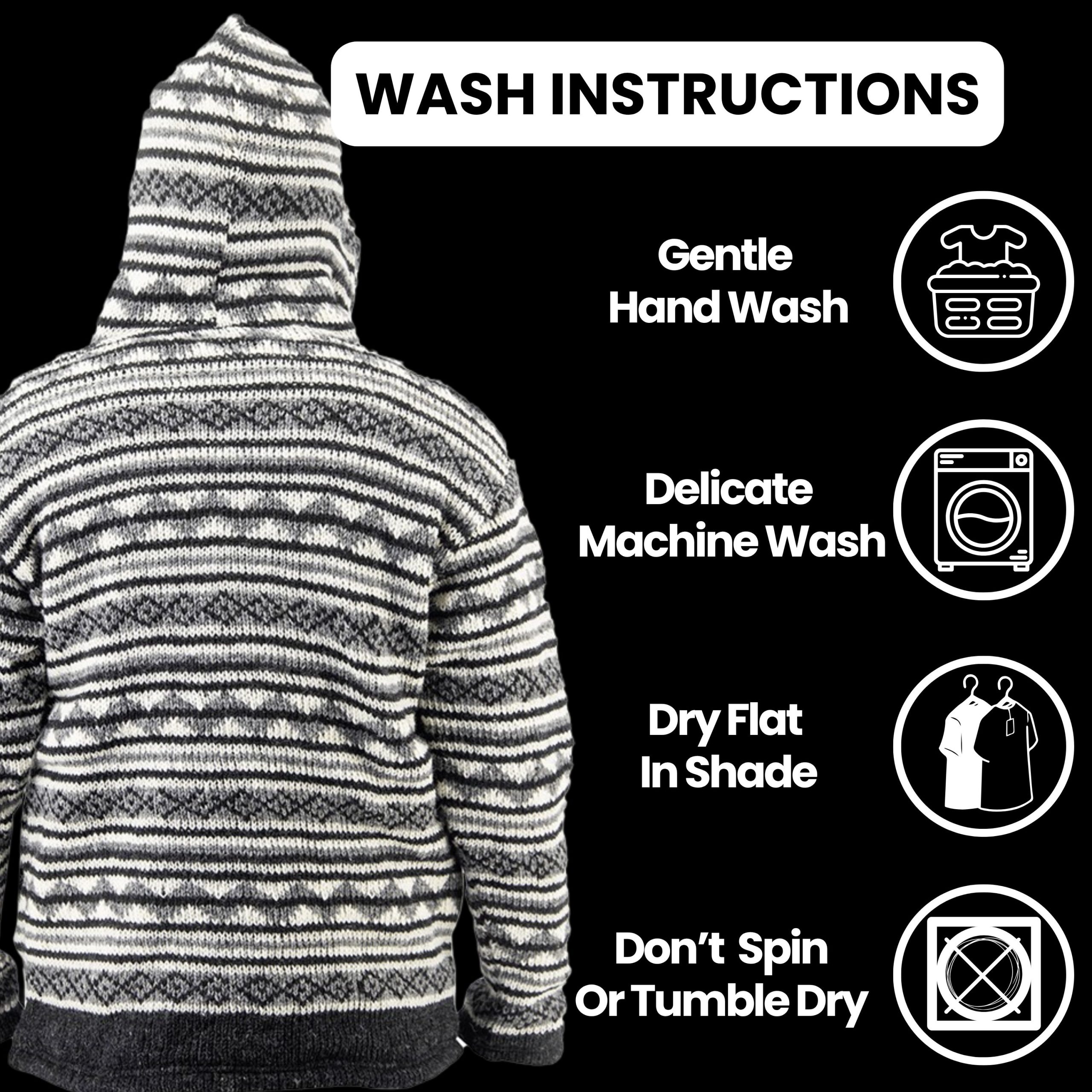 100% Wool Jacket For Women & Men – Unisex Black White Striped Fleece Lined – Handknit in Nepal - Image 8
