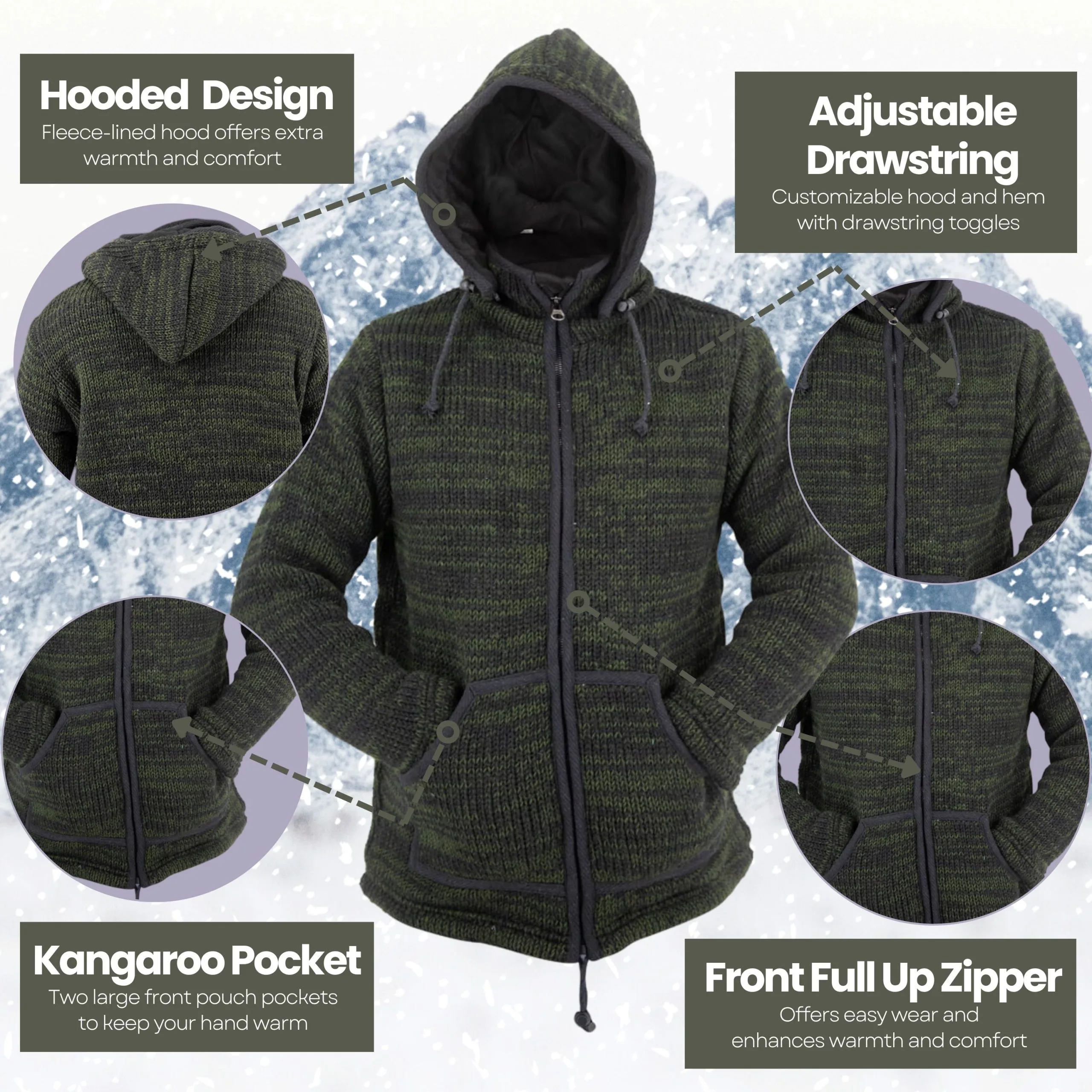 100% Wool Jacket For Women & Men – Unisex Army Green Fleece Lined – Handknit in Nepal - Image 7