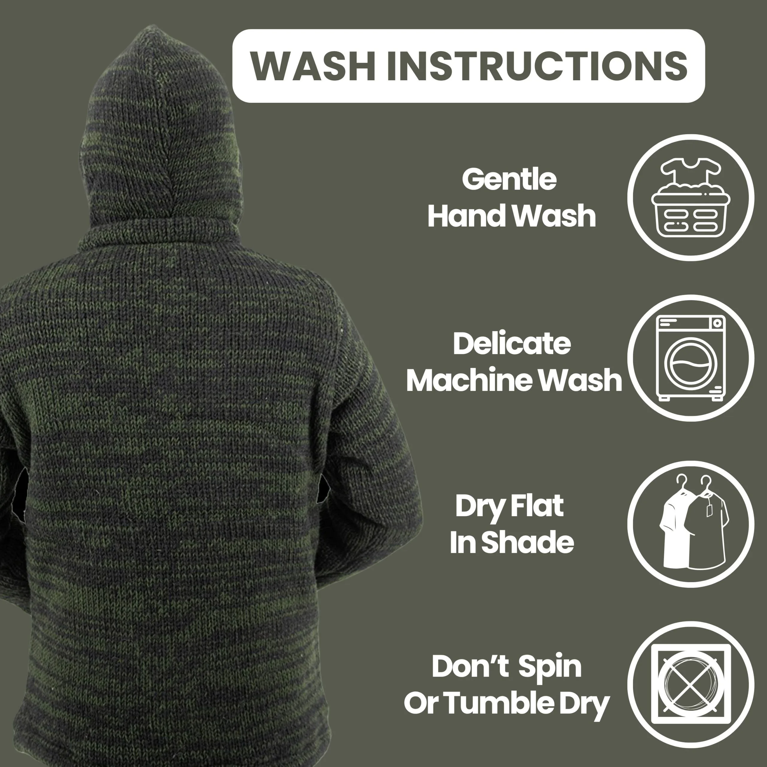 100% Wool Jacket For Women & Men – Unisex Army Green Fleece Lined – Handknit in Nepal - Image 8