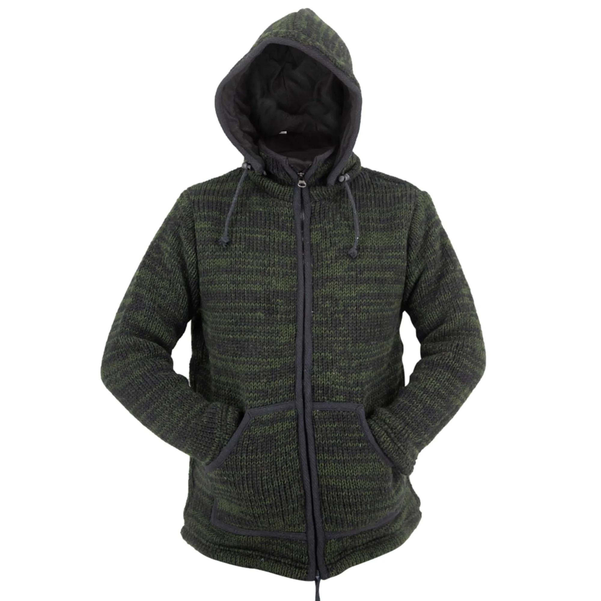 100% Wool Jacket For Women & Men – Unisex Army Green Fleece Lined – Handknit in Nepal - Image 3