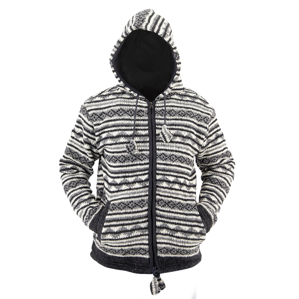 100% Wool Jacket For Women & Men – Unisex Black White Striped Fleece Lined – Handknit in Nepal - Image 3