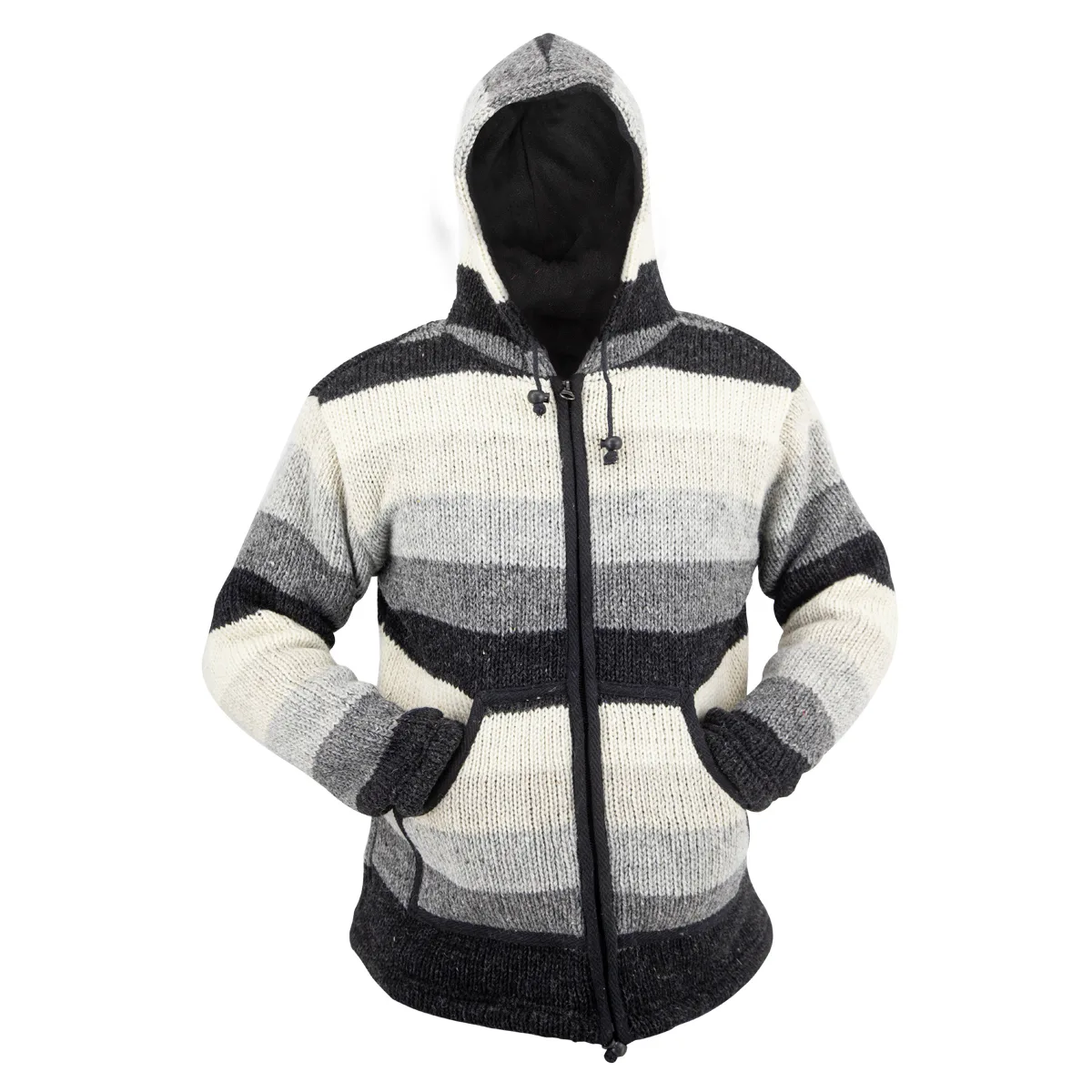100% Wool Jacket For Women & Men – Unisex Natural Gradient Striped Fleece Lined – Handknit in Nepal - Image 3