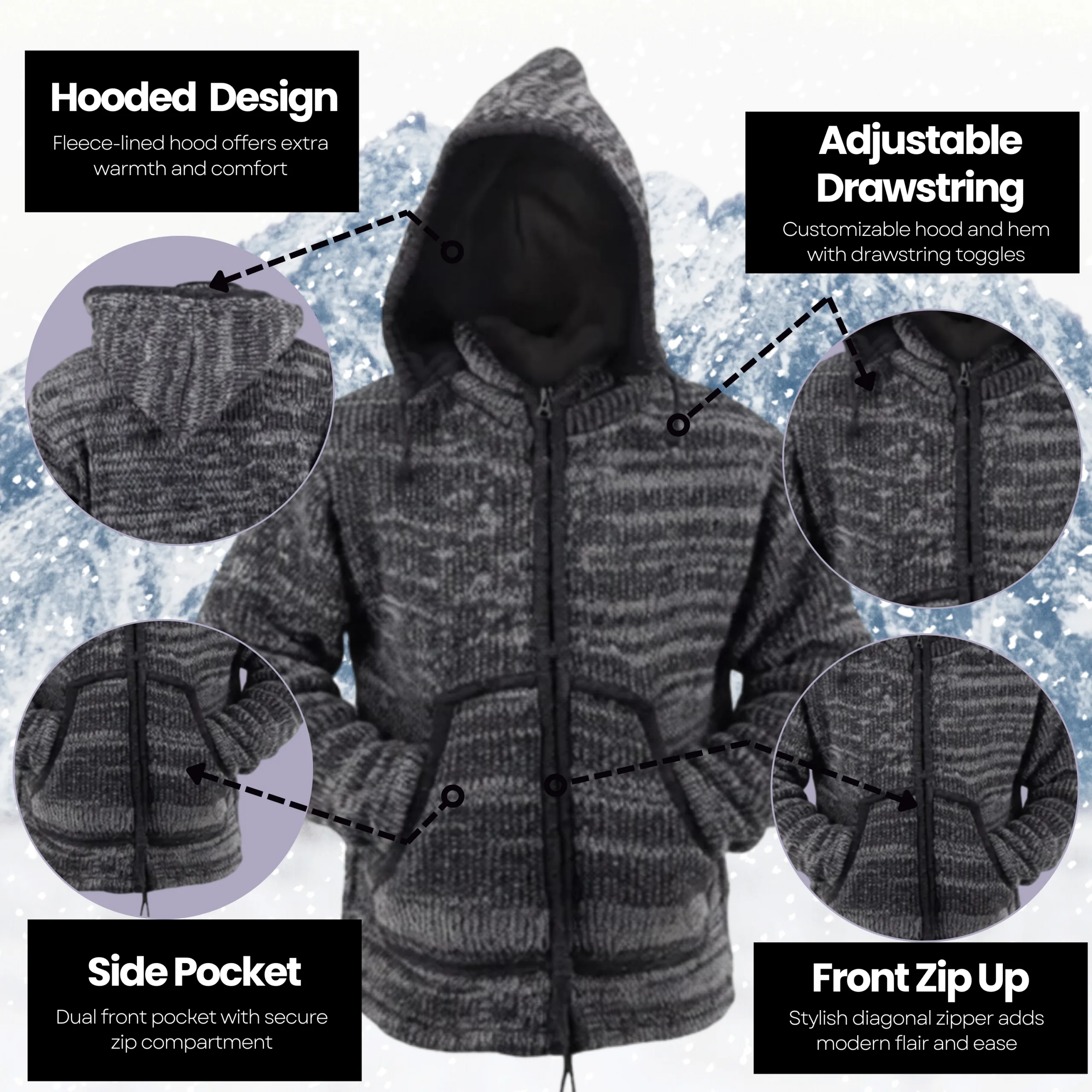 100% Wool Jacket For Women & Men – Unisex Grey Charcoal Fleece Lined – Handknit in Nepal - Image 7