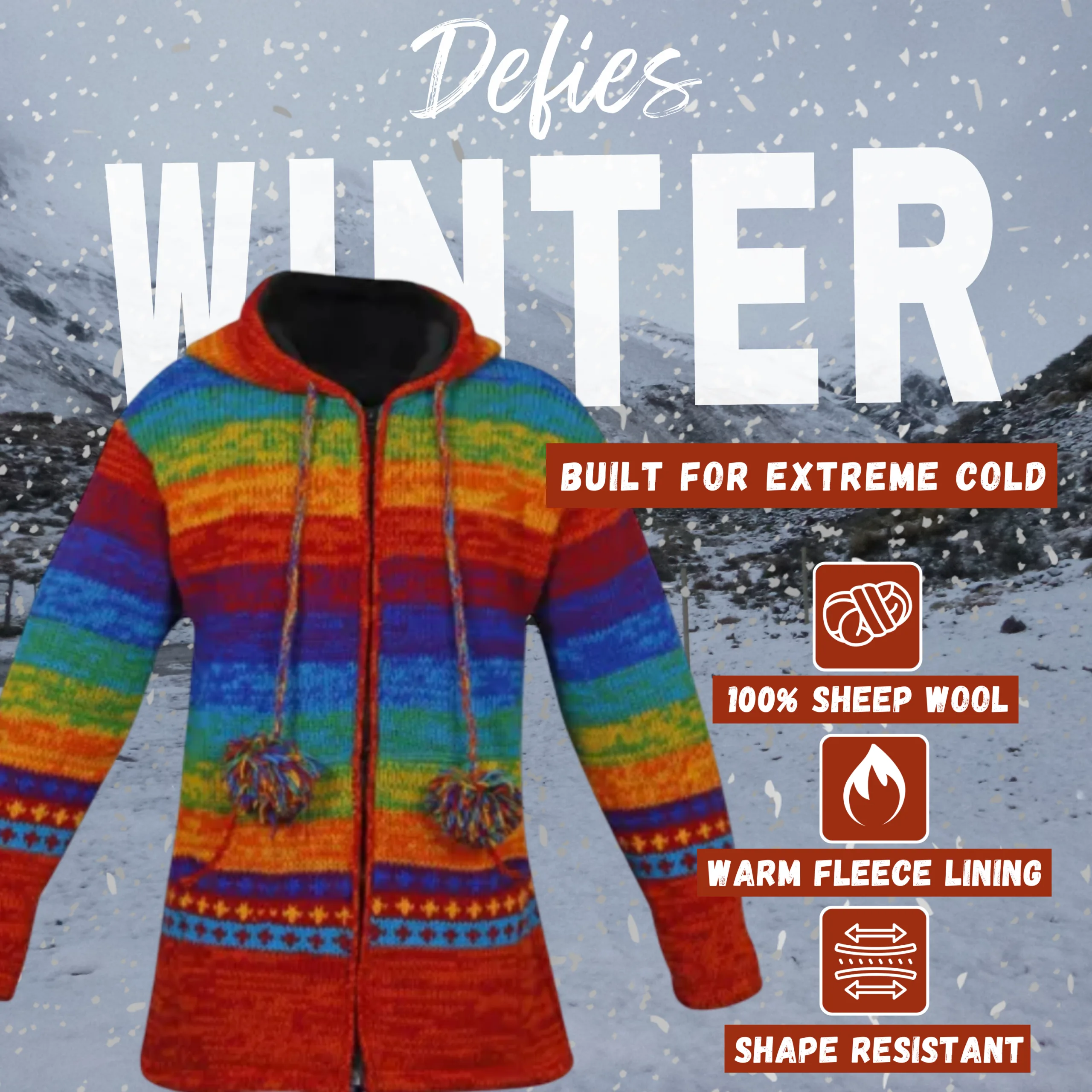 Wool Jacket For Women & Men – Unisex Rasta Rainbow Fleeced Lined – Handknit in Nepal - Image 6
