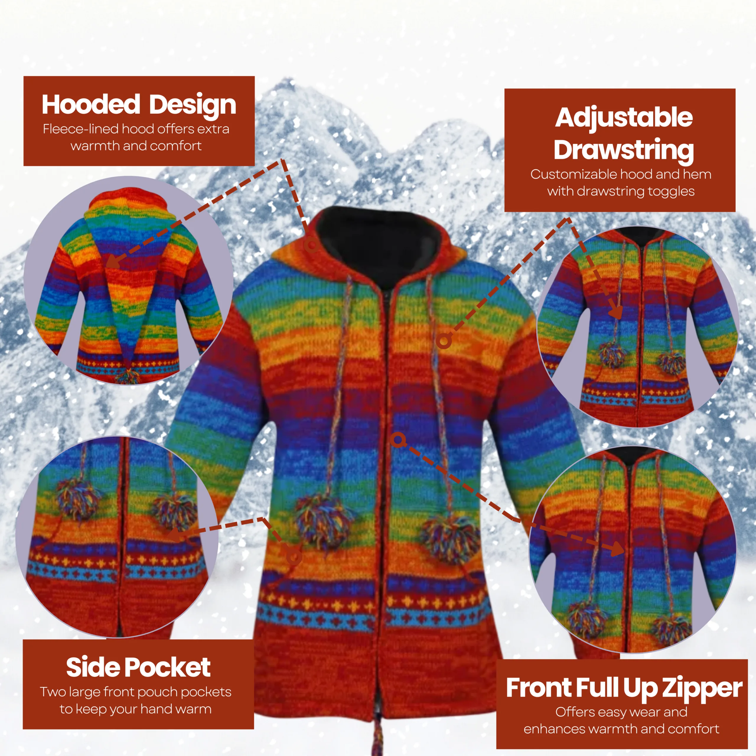 Wool Jacket For Women & Men – Unisex Rasta Rainbow Fleeced Lined – Handknit in Nepal - Image 7