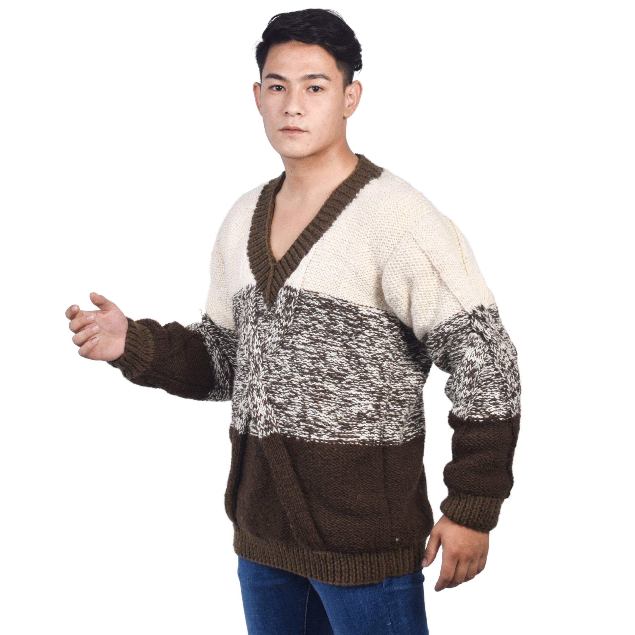 Woolmandu Brown and White V-Neck Sweater