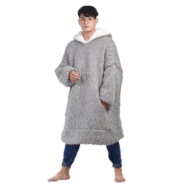 Hand Knitted Grey Woolen Wearable Blanket