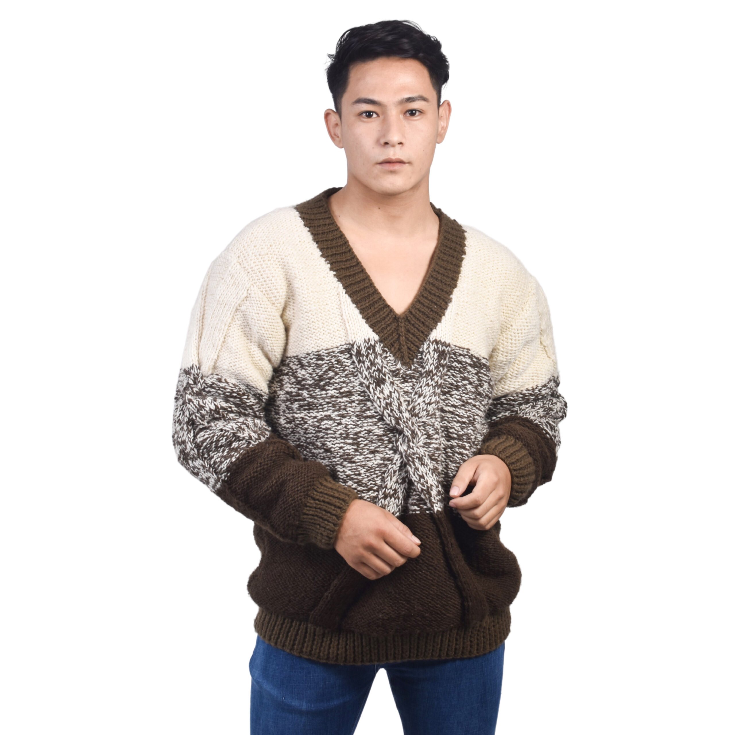 Woolmandu Brown and White V-Neck Sweater