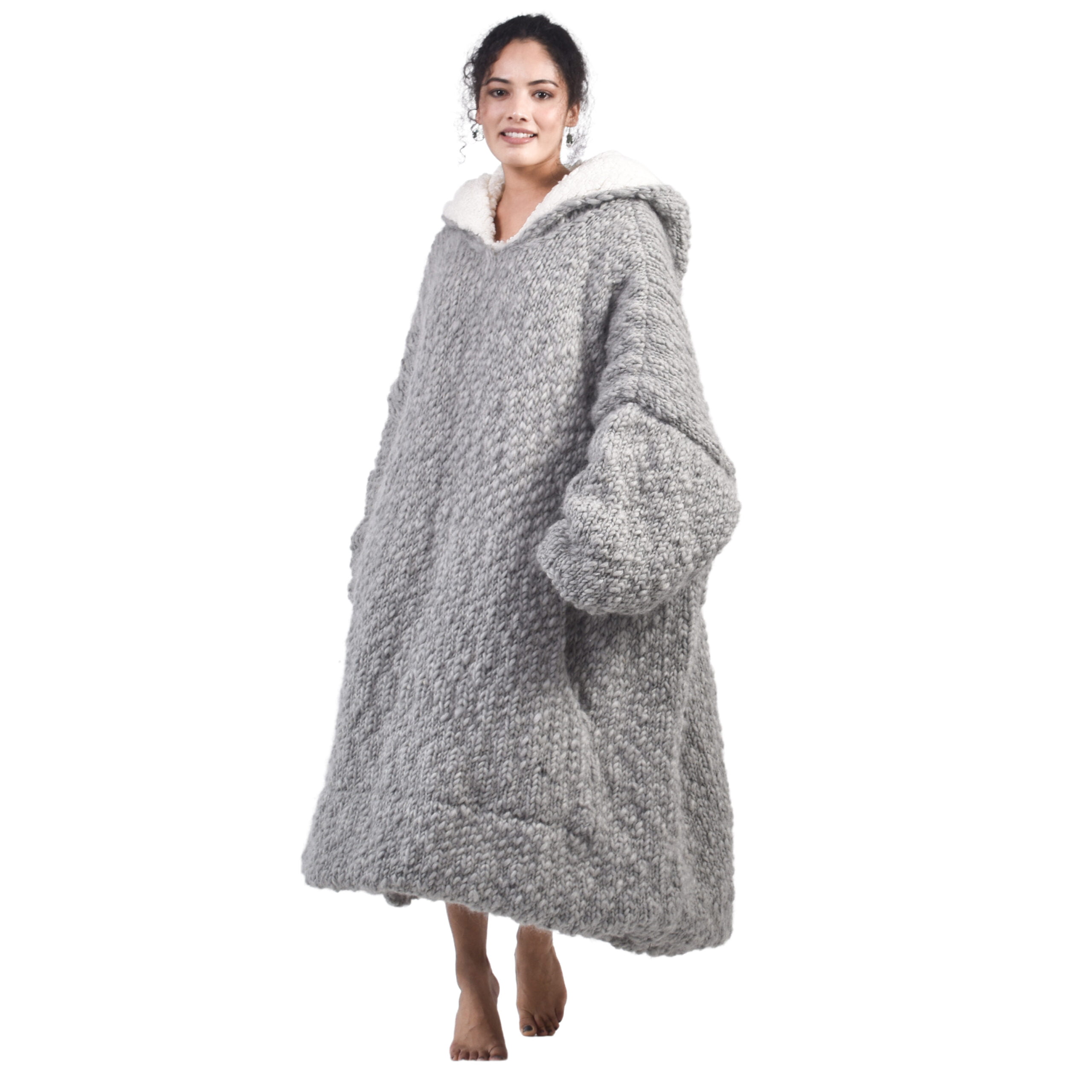 Hand Knitted Grey Woolen Wearable Blanket