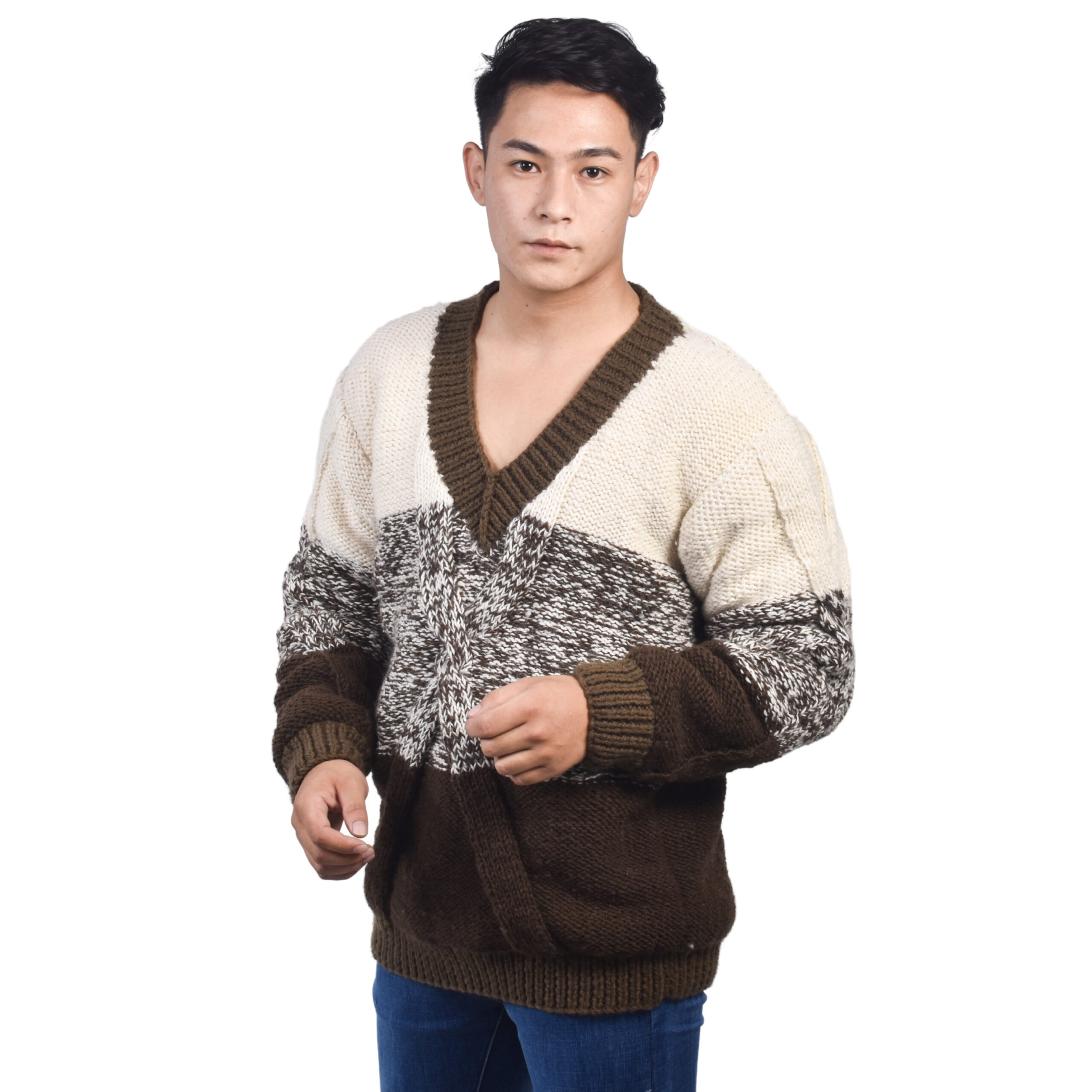 Woolmandu Brown and White V-Neck Sweater