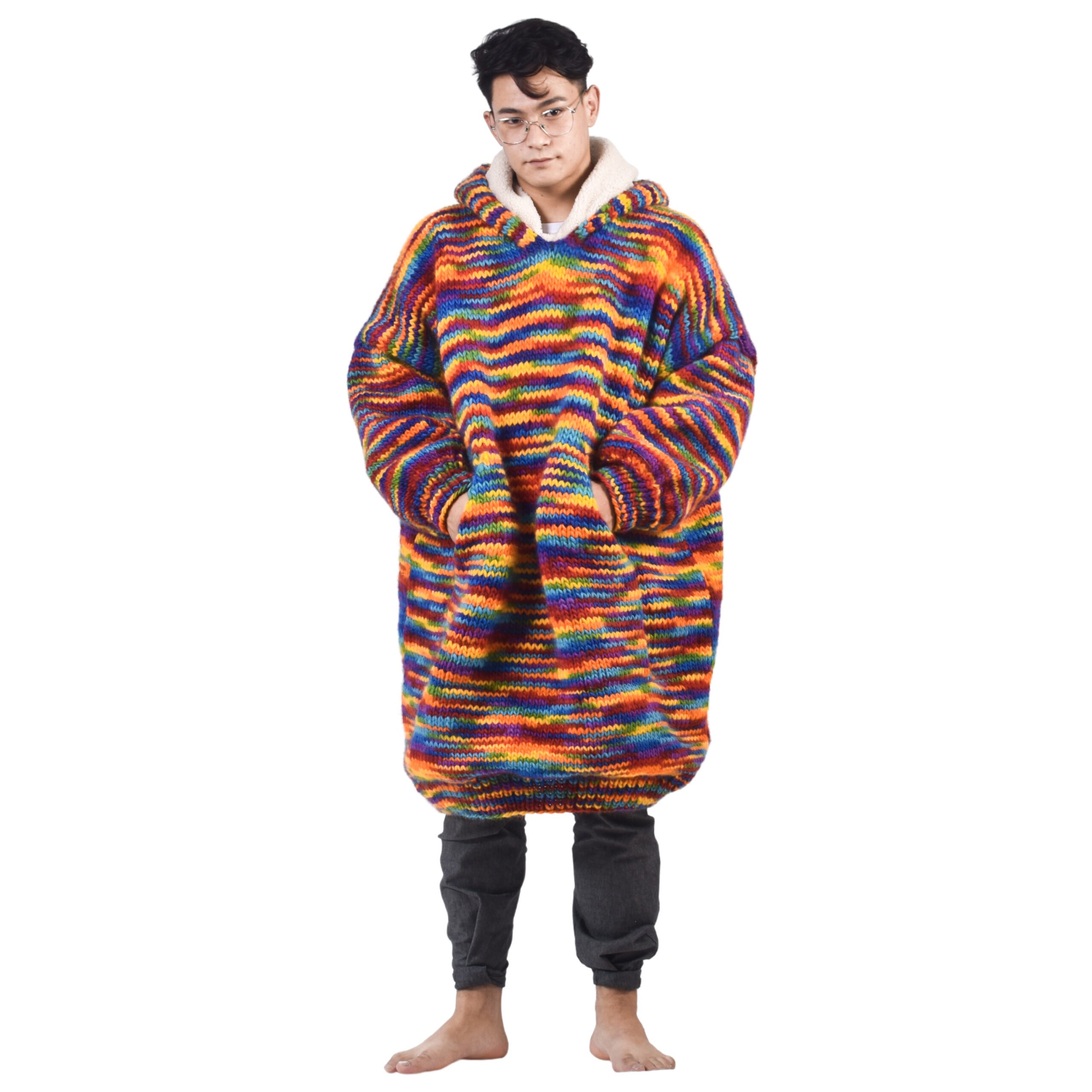 Woolmandu Hand Knitted Rainbow Woolen Wearable Blanket