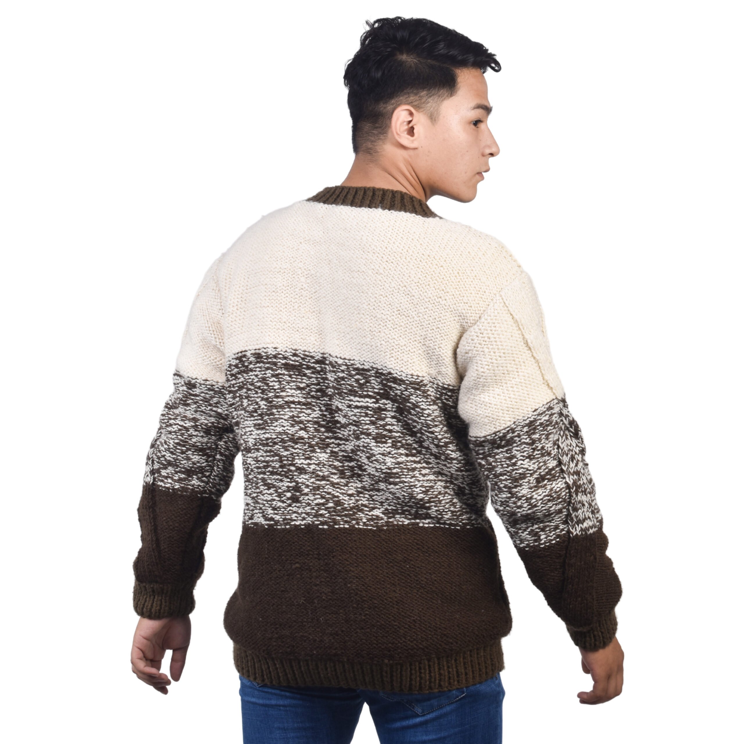 Woolmandu Brown and White V-Neck Sweater