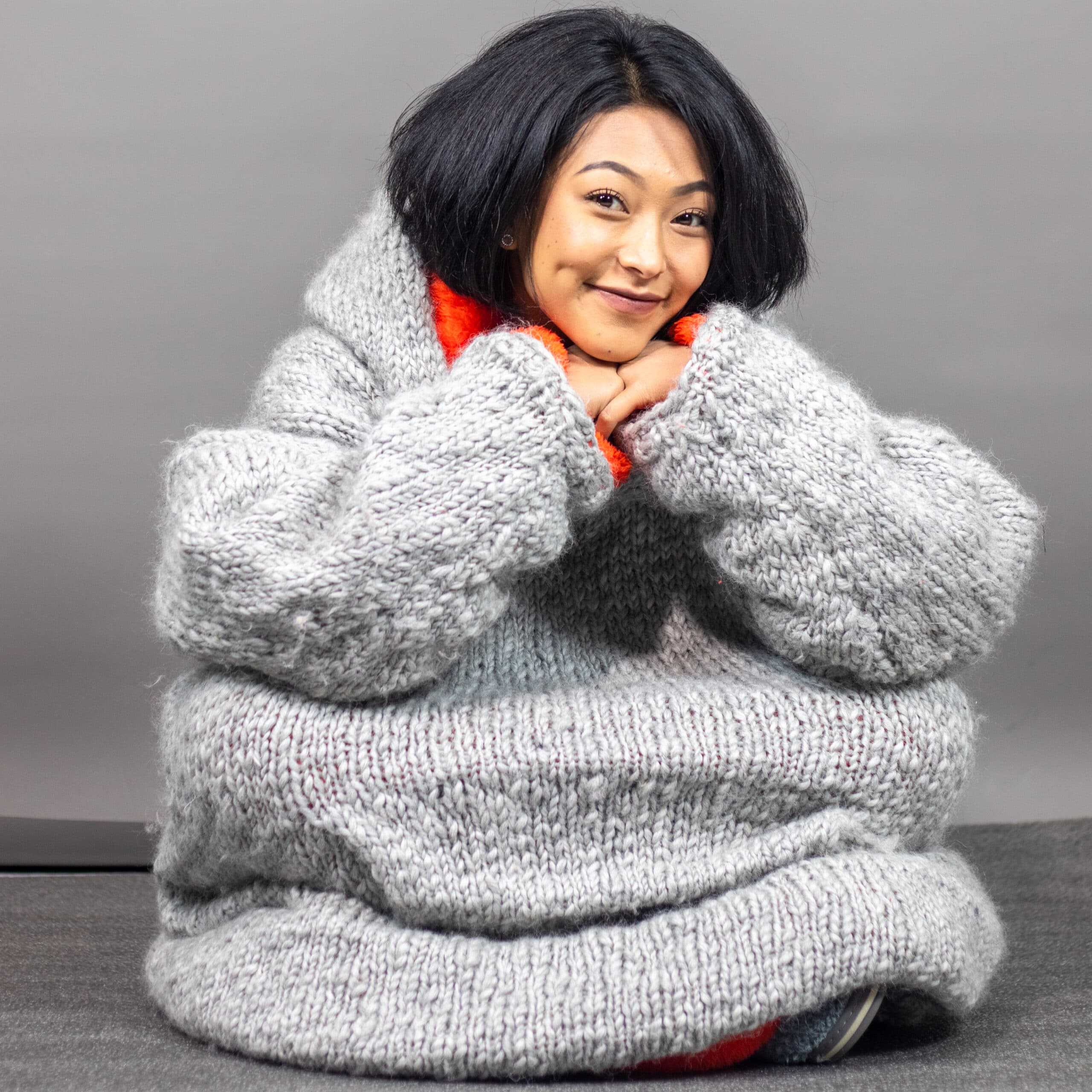 Hand Knitted Grey Woolen Wearable Blanket