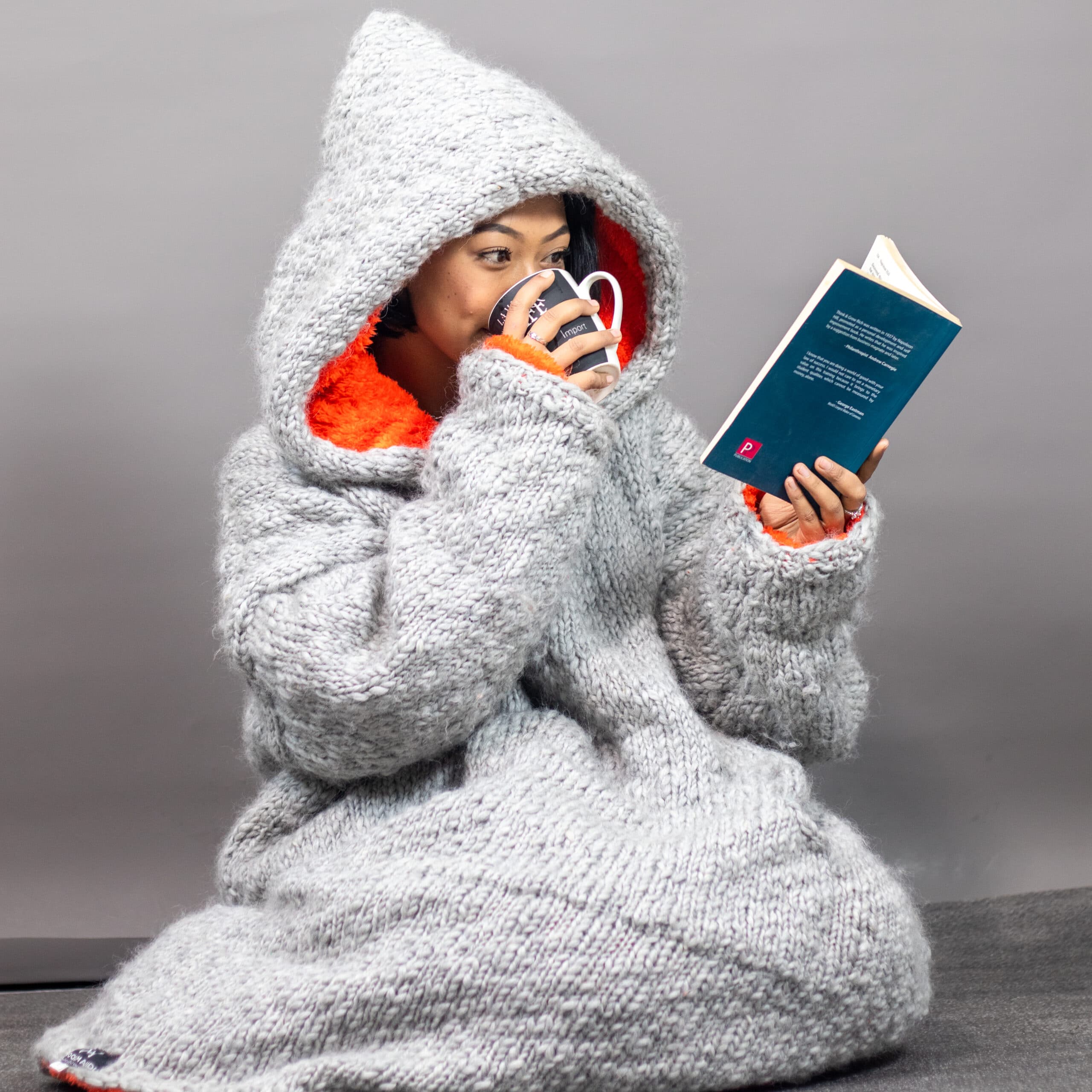 Hand Knitted Grey Woolen Wearable Blanket