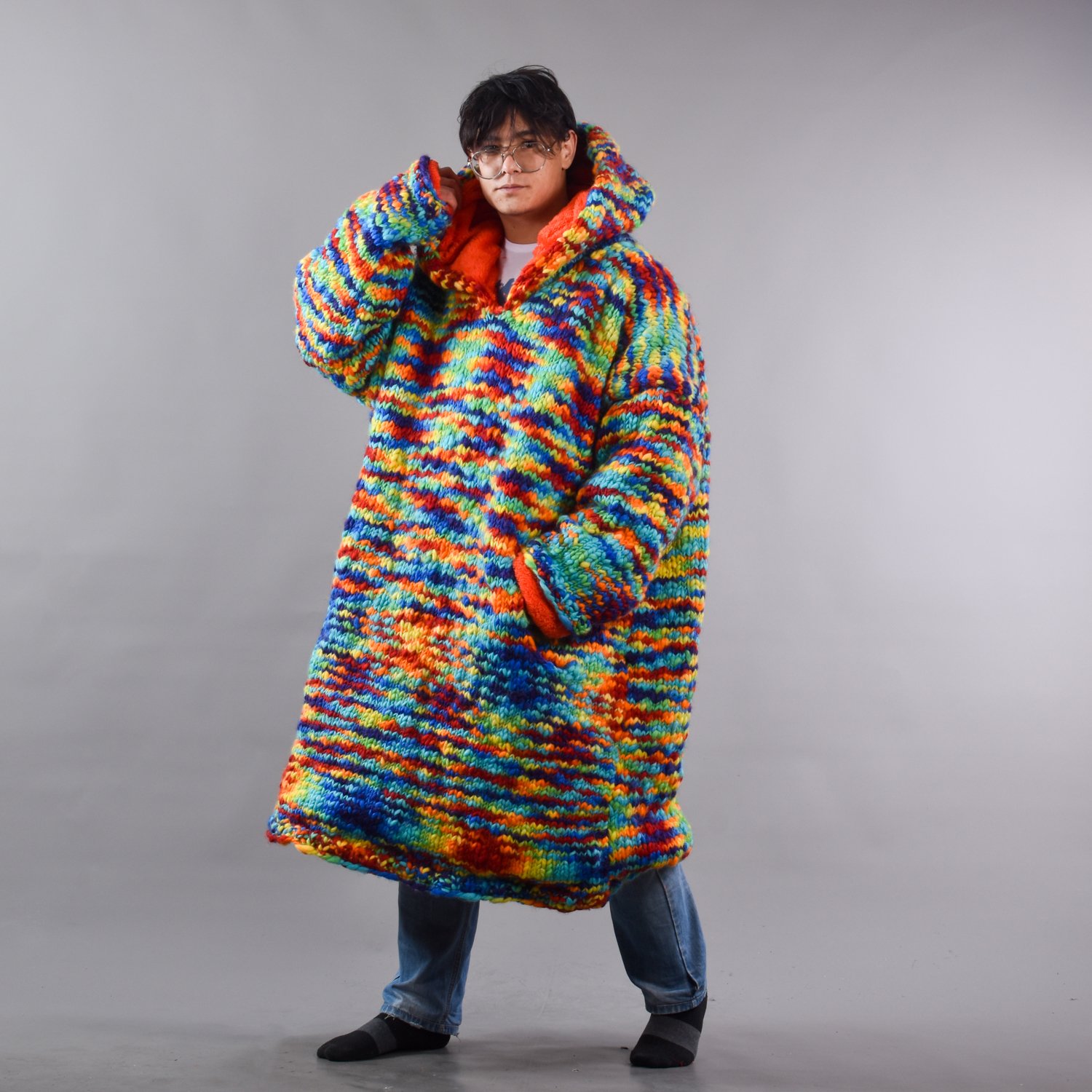 Hand Knitted Rainbow Woolen Wearable Blanket
