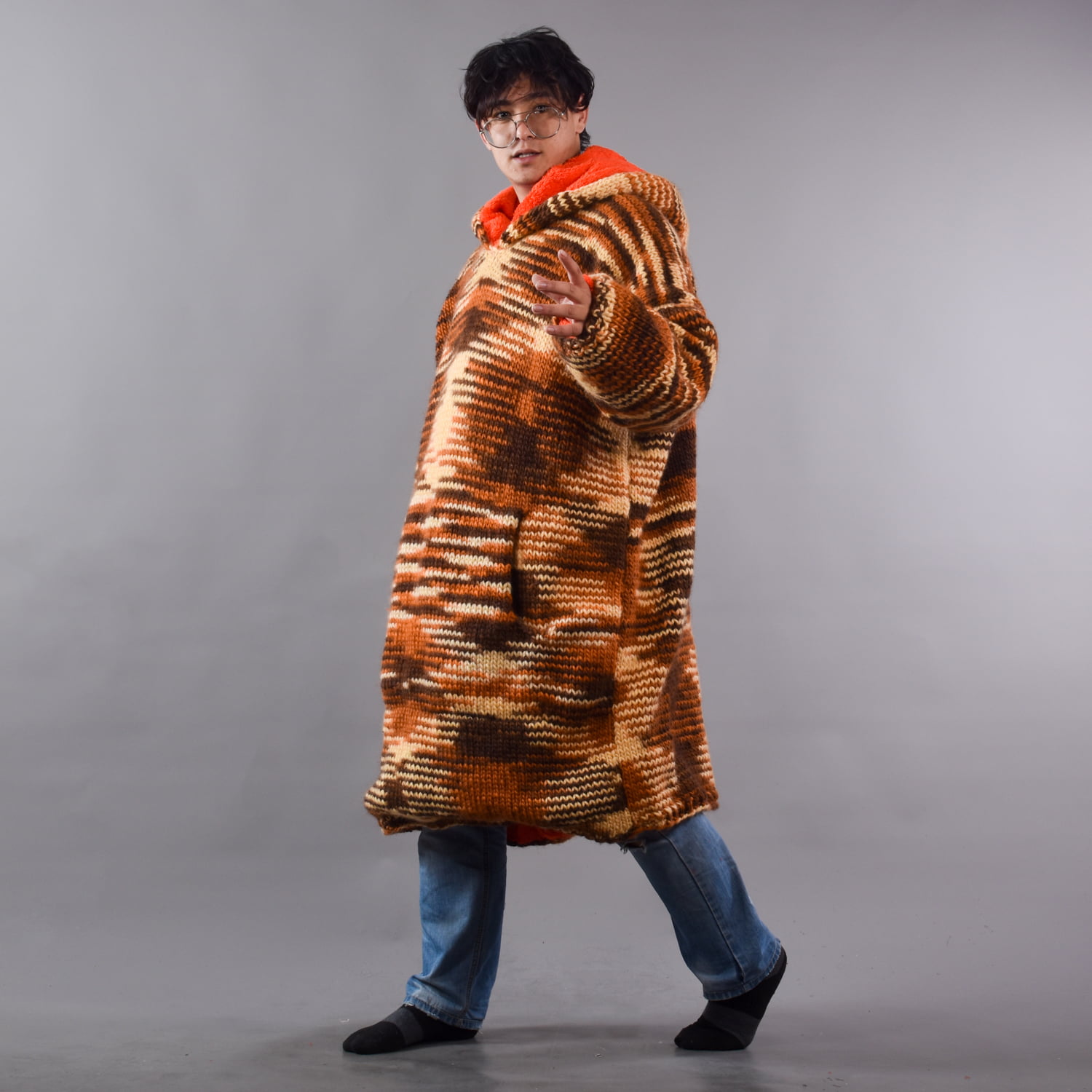 Hand Knitted  Brown Tie Dye Woolen Wearable Blanket