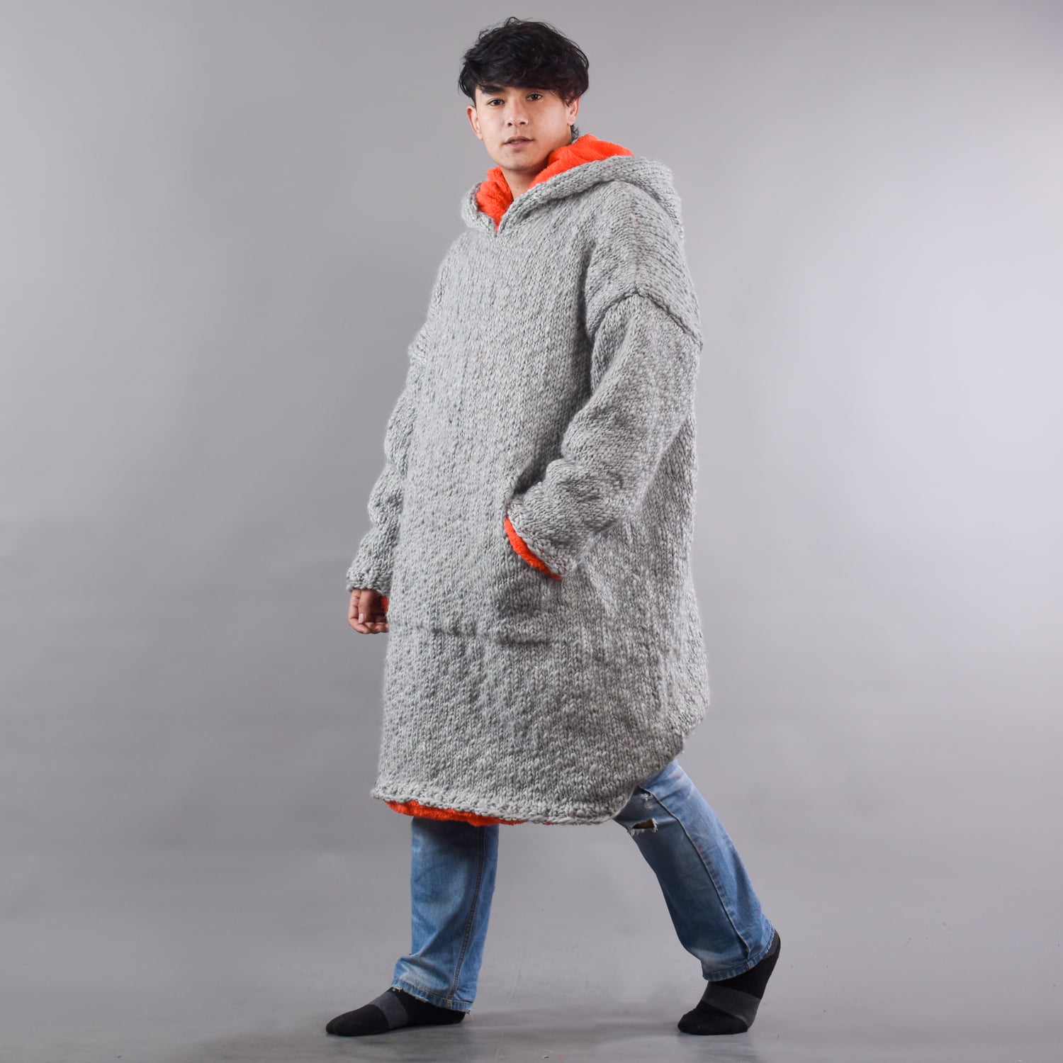 Hand Knitted Grey Woolen Wearable Blanket