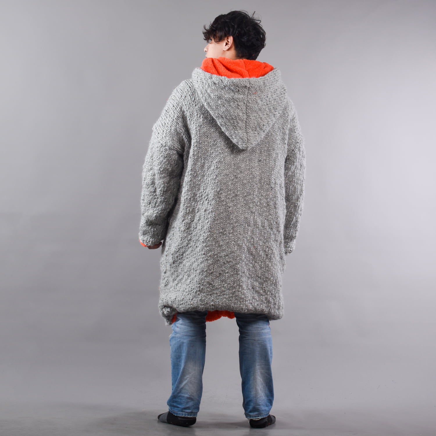 Hand Knitted Grey Woolen Wearable Blanket