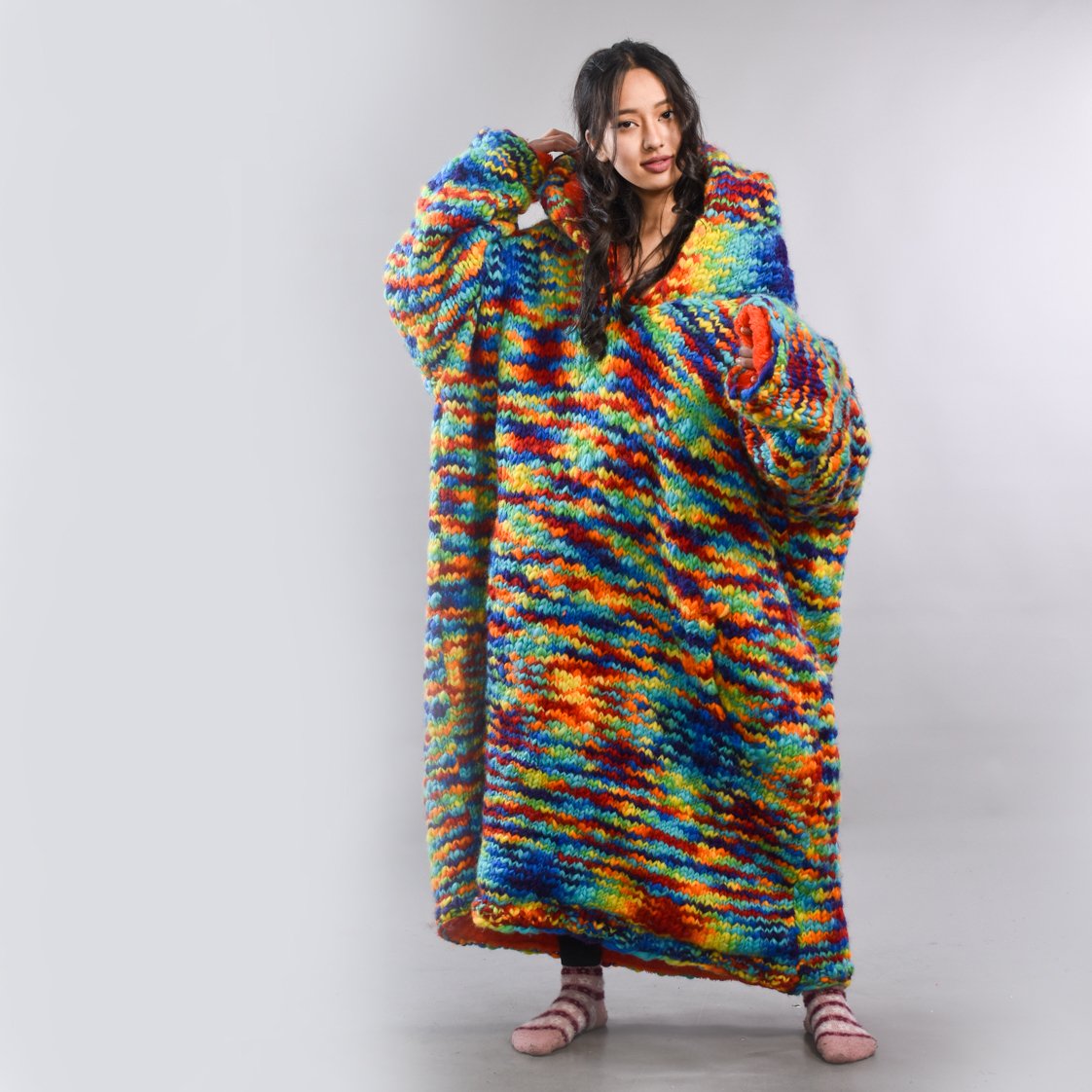 Hand Knitted Rainbow Woolen Wearable Blanket
