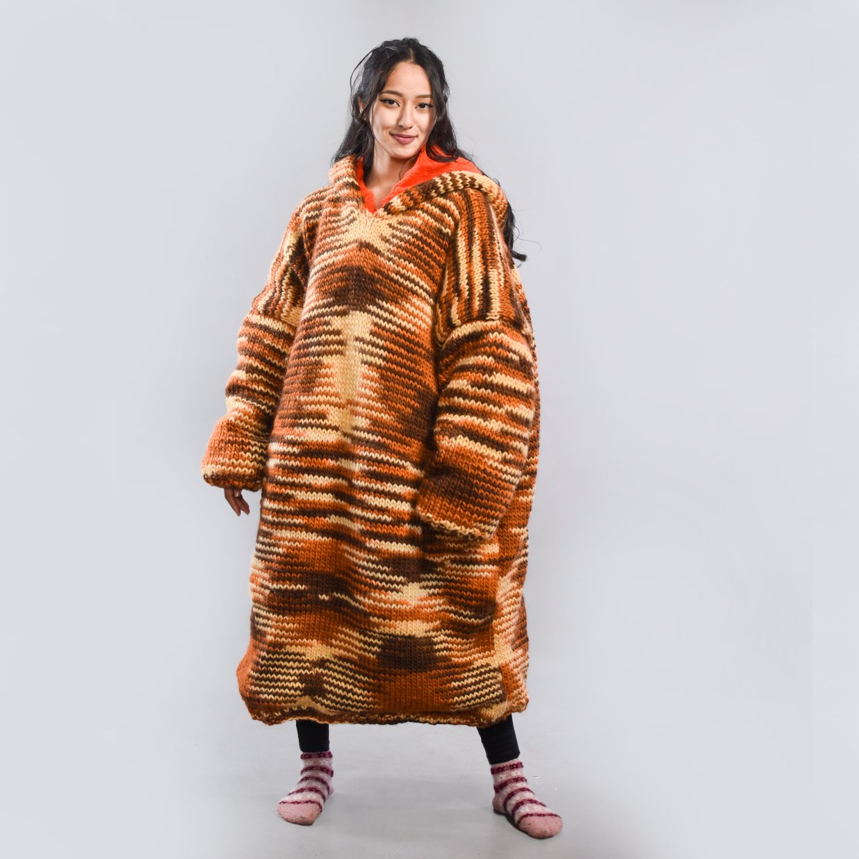 Hand Knitted  Brown Tie Dye Woolen Wearable Blanket