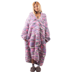 Pink Grey Mix Colors Hand Knitted Wearable Blanket Hoodie