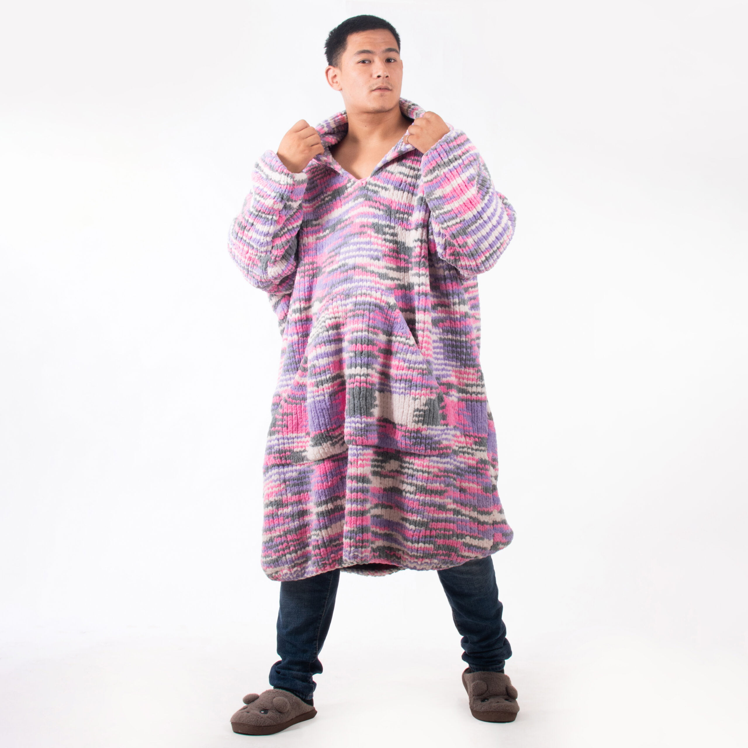 Pink Grey Mix Colors Hand Knitted Wearable Blanket