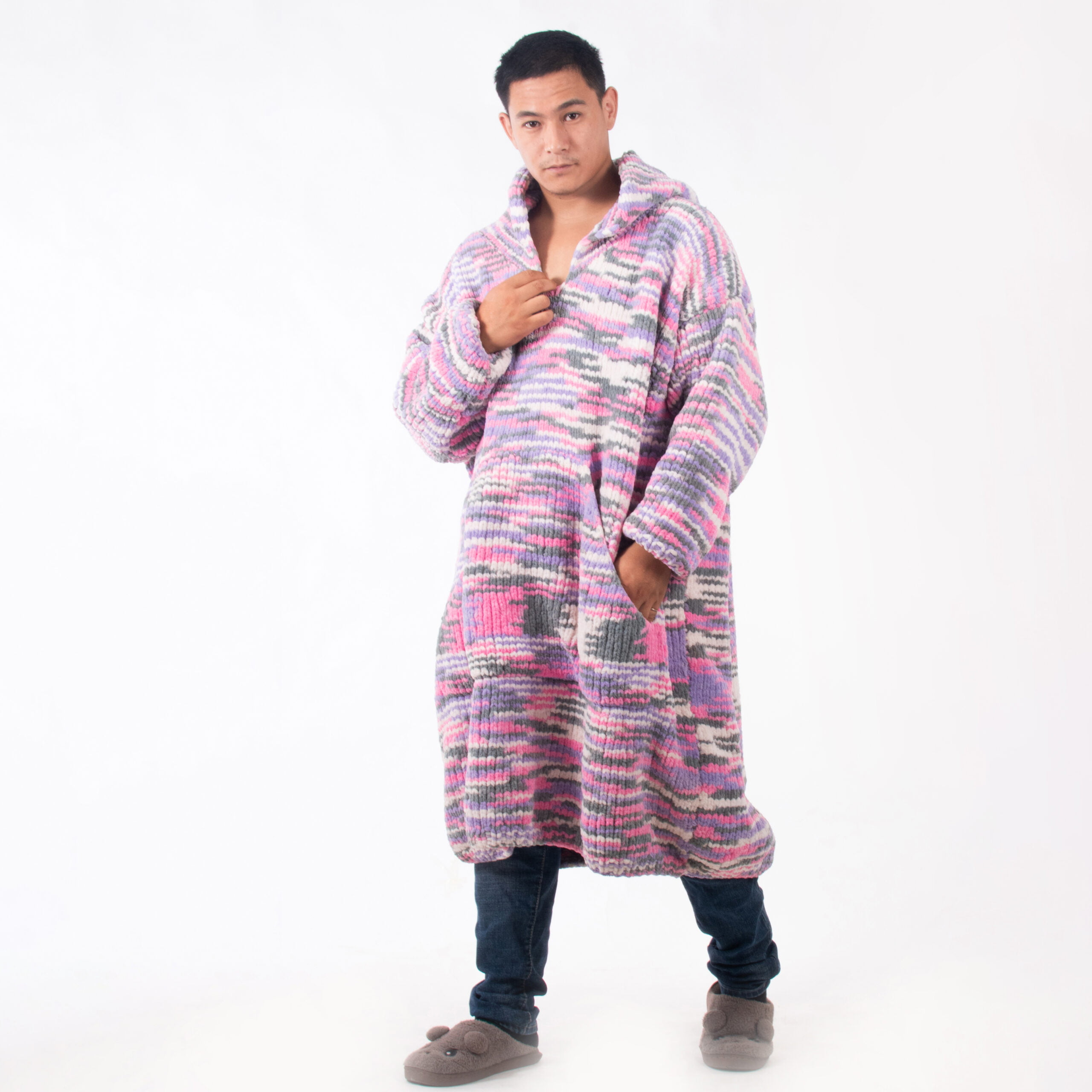 Pink Grey Mix Colors Hand Knitted Wearable Blanket