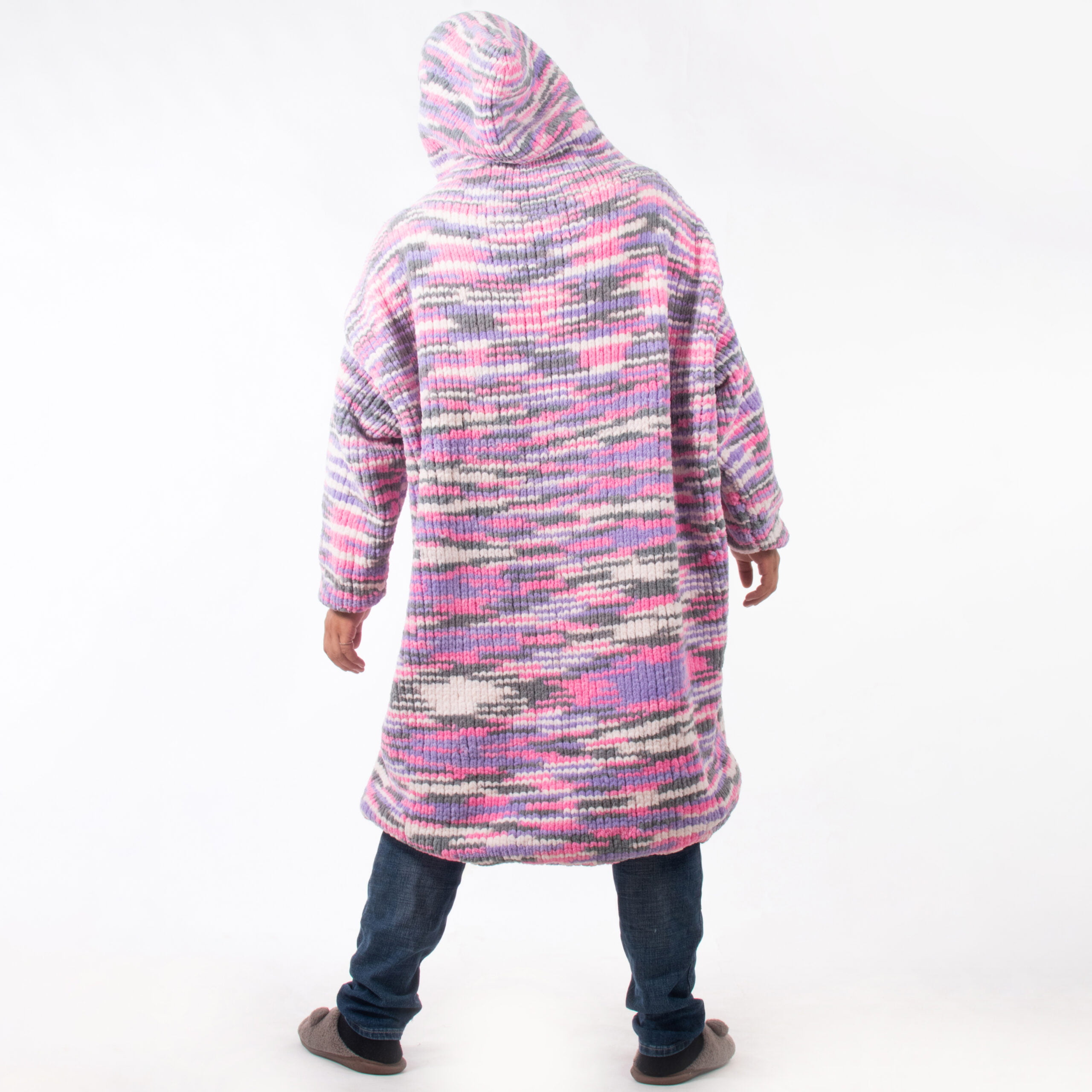 Pink Grey Mix Colors Hand Knitted Wearable Blanket