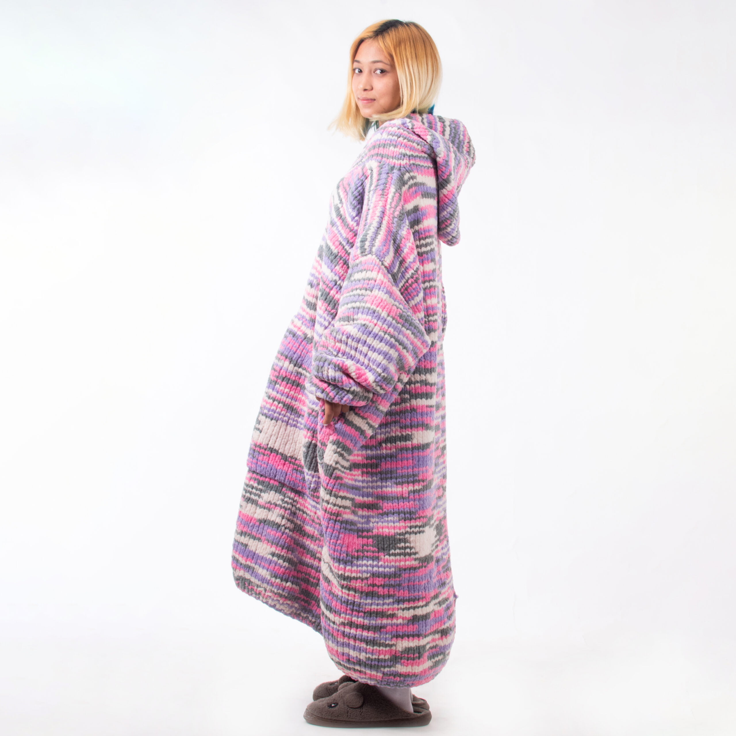 Pink Grey Mix Colors Hand Knitted Wearable Blanket