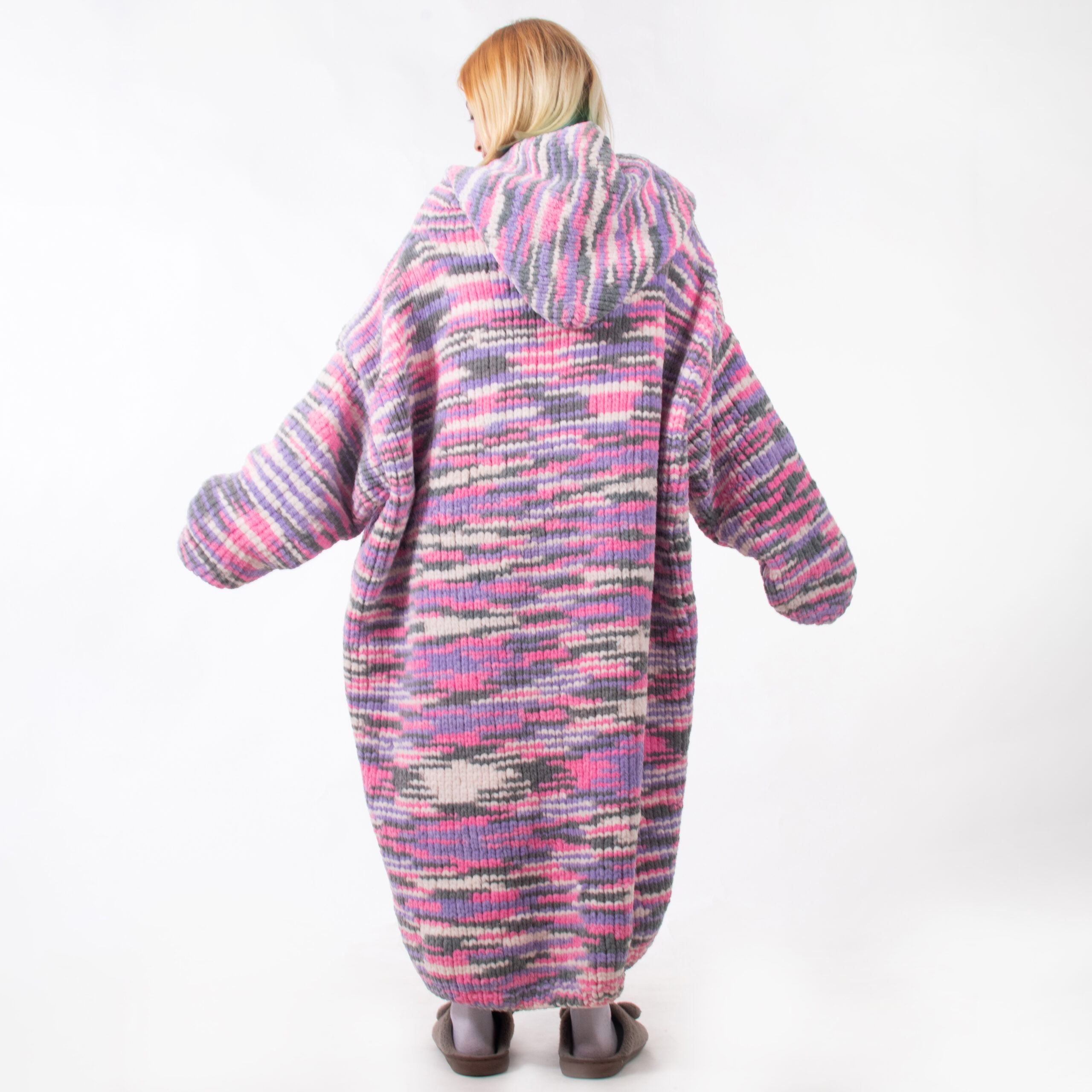 Pink Grey Mix Colors Hand Knitted Wearable Blanket