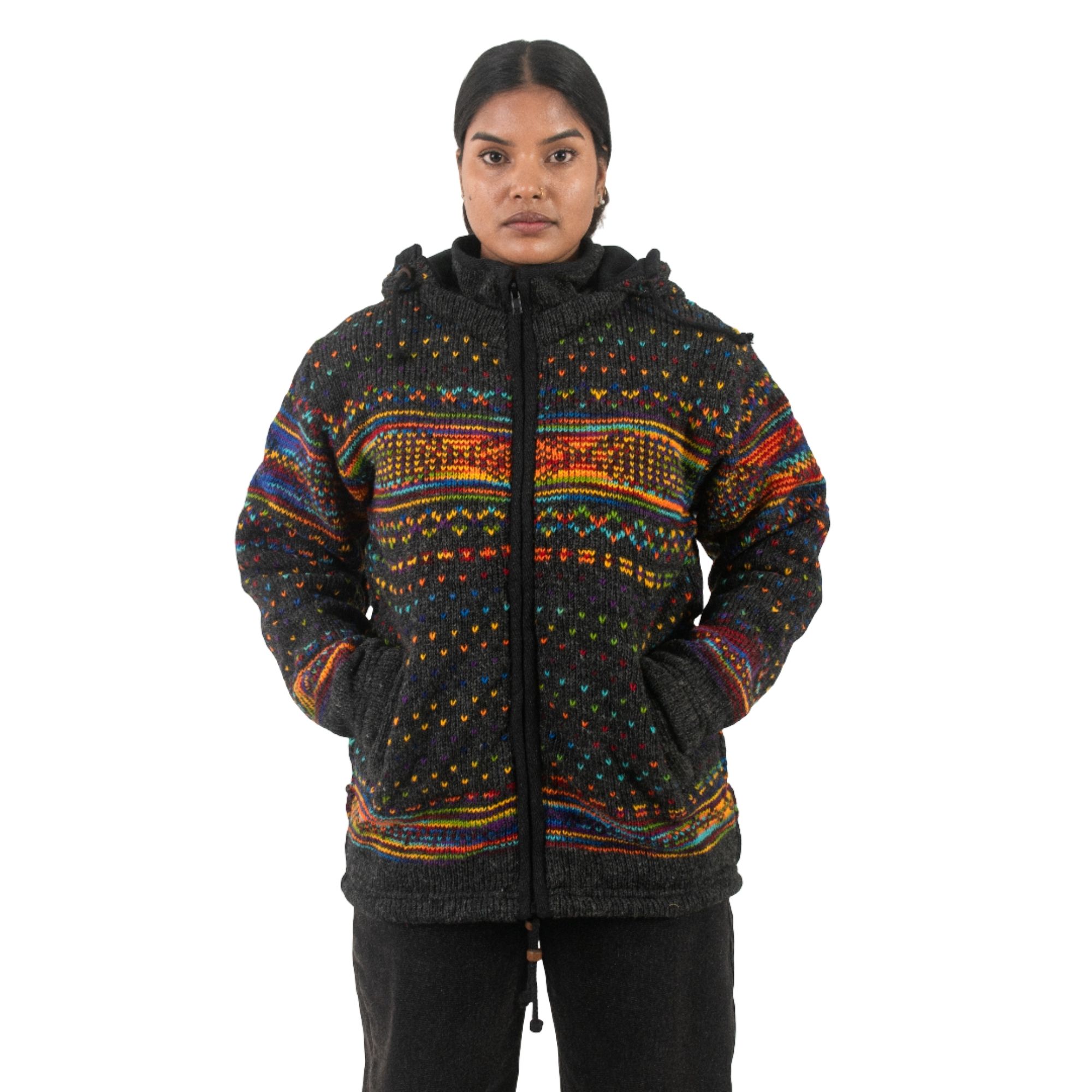 Woolen Jacket For Women - Black Rainbow Fair Isle Design