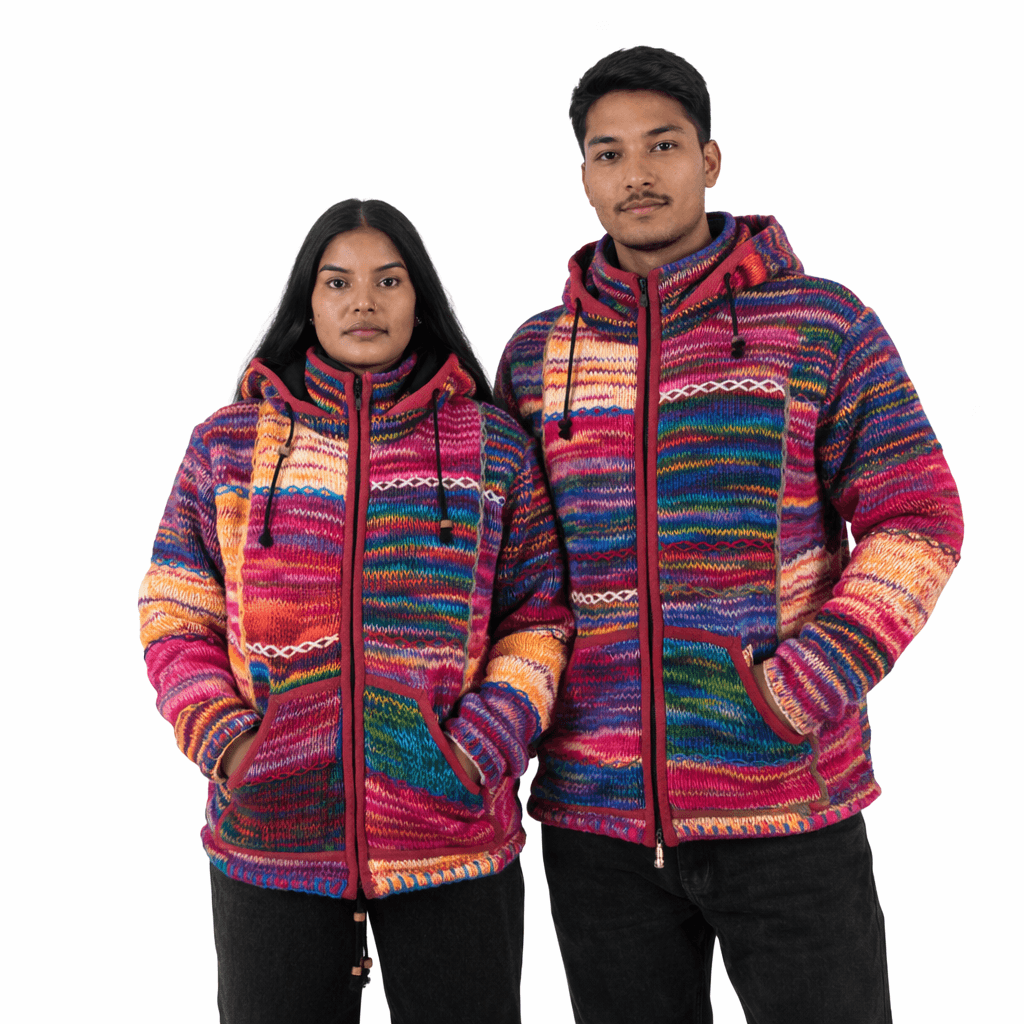 100% Wool Jacket For Women & Men – Unisex Patchwork Fleece Lined – Made in Nepal