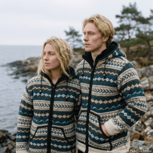 blue wave pattern wool jacket for men and women