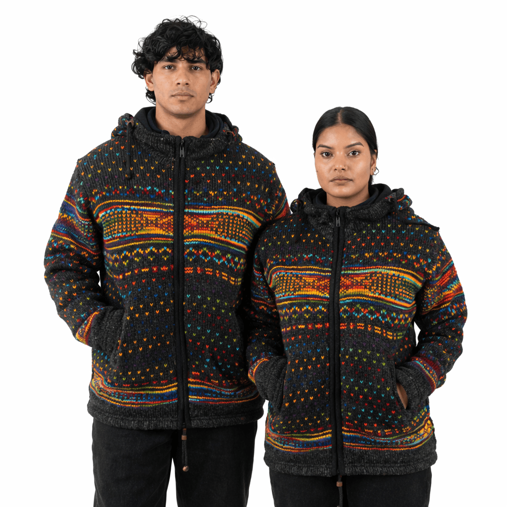 100% Woolen Jacket For Men & Women – Unisex Black Rainbow Fair Isle Fleeced Lined – Made in Nepal