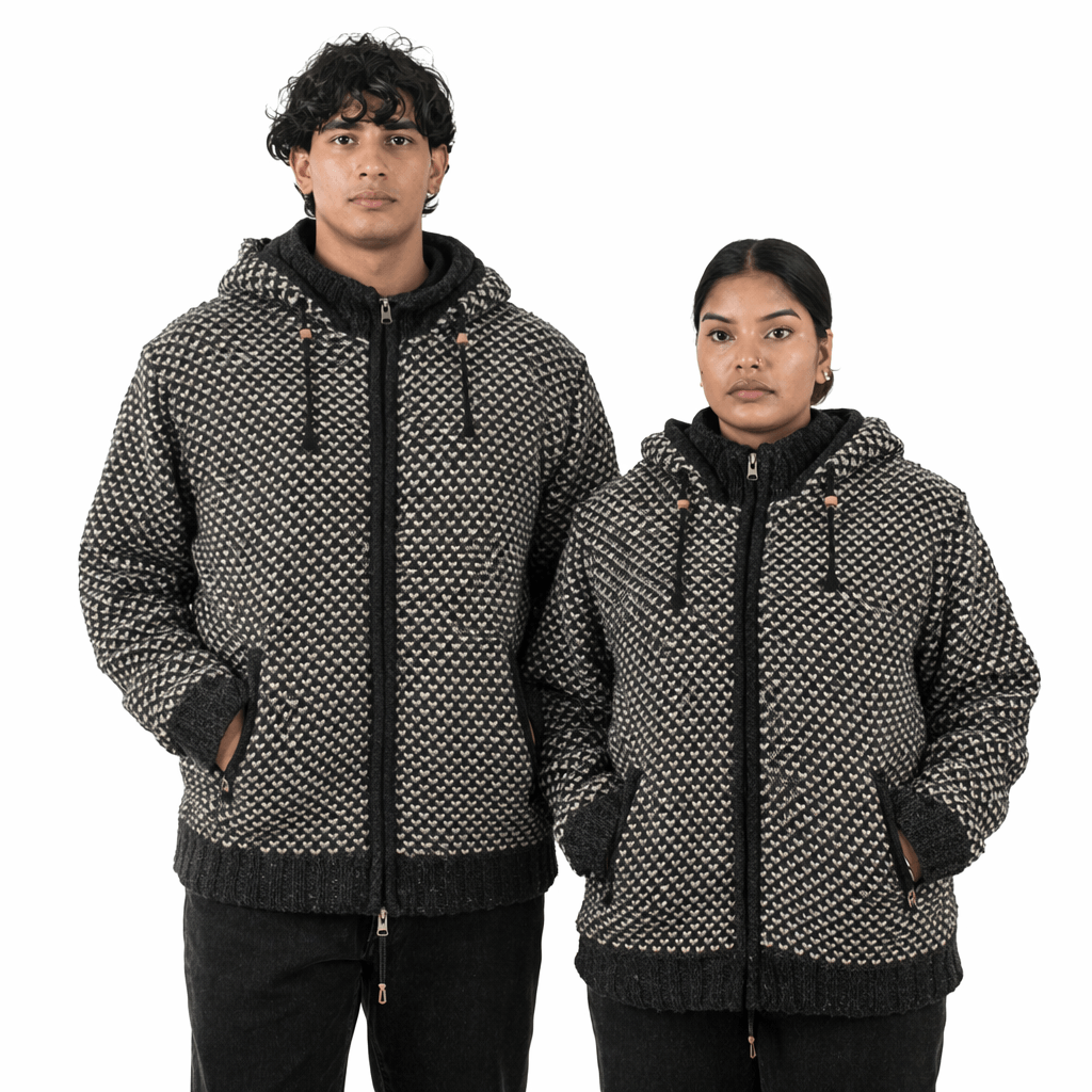 100% Wool Jacket For Men & Women – Unisex Black Birdseye Fleece Lined – Made in Nepal
