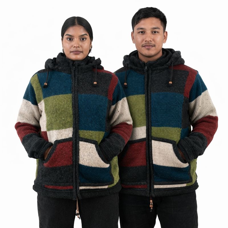 100% Wool Jacket For Women & Men – Unisex Patchwork Fleece Lined – Made in Nepal