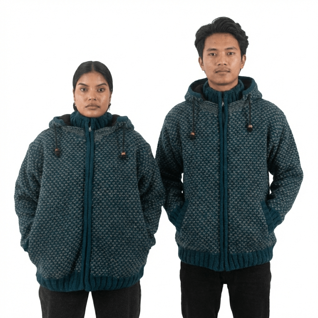 100% Wool Jacket For Women & Men – Unisex Teal Birdseye Fleece Lined – Made in Nepal