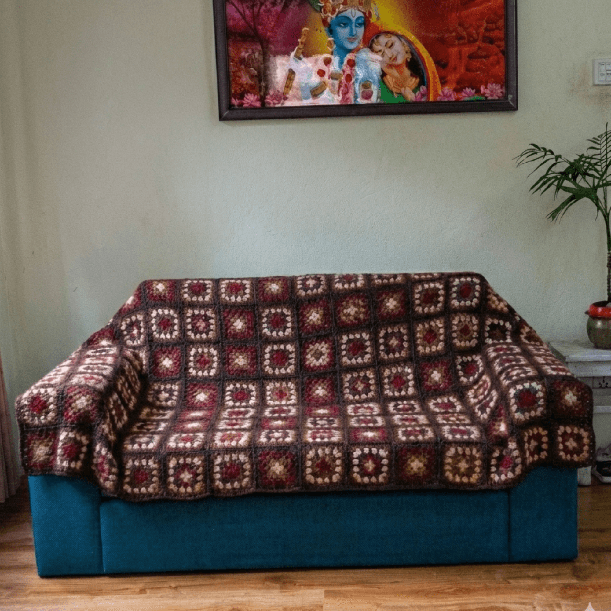Nepal Handmade Granny Square 100% Wool Sofa Couch Cover Blanket – Single, Two & Three; Loveseat Sheep Woolen Throw Slipcover – Brown
