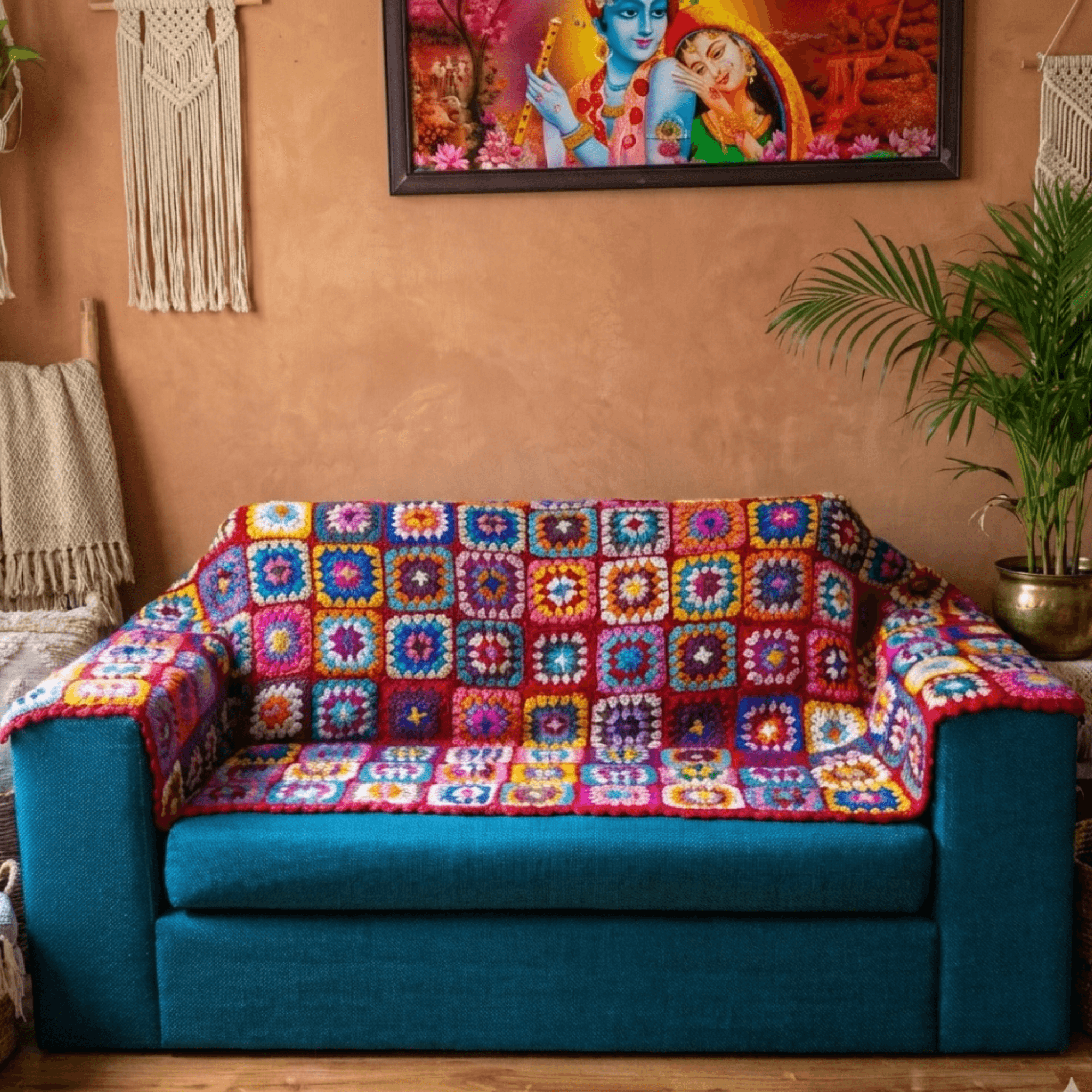 Nepal Handmade Granny Square 100% Wool Sofa Couch Cover Blanket – Single, Two & Three; Loveseat Sheep Woolen Throw Slipcover