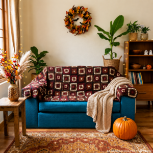 Nepal Handmade Granny Square 100% Wool Sofa Couch Cover Blanket - Single, Two & Three; Loveseat Sheep Woolen Throw Slipcover - Brown