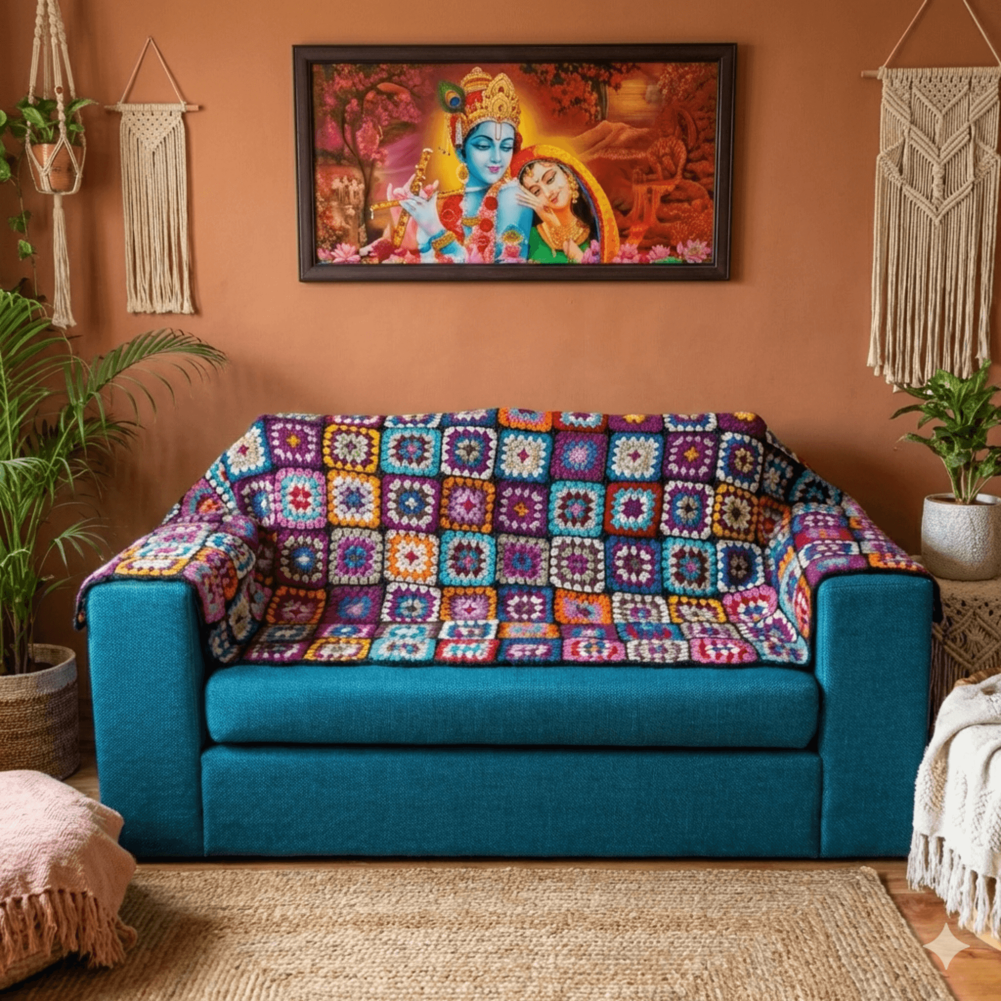 Nepal Handmade Granny Square 100% Wool Sofa Couch Cover Blanket – Single, Two & Three; Loveseat Sheep Woolen Throw Slipcover