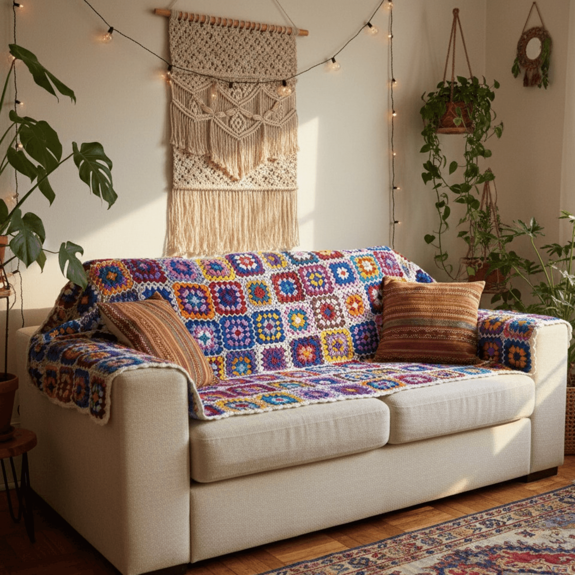Nepal Handmade Granny Square 100% Wool Sofa Couch Cover Blanket – Single, Two, Three & Loveseat Sheep Woolen Throw Slipcover