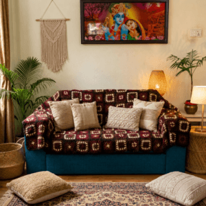 Nepal Handmade Granny Square 100% Wool Sofa Couch Cover Blanket - Single, Two & Three; Loveseat Sheep Woolen Throw Slipcover - Brown
