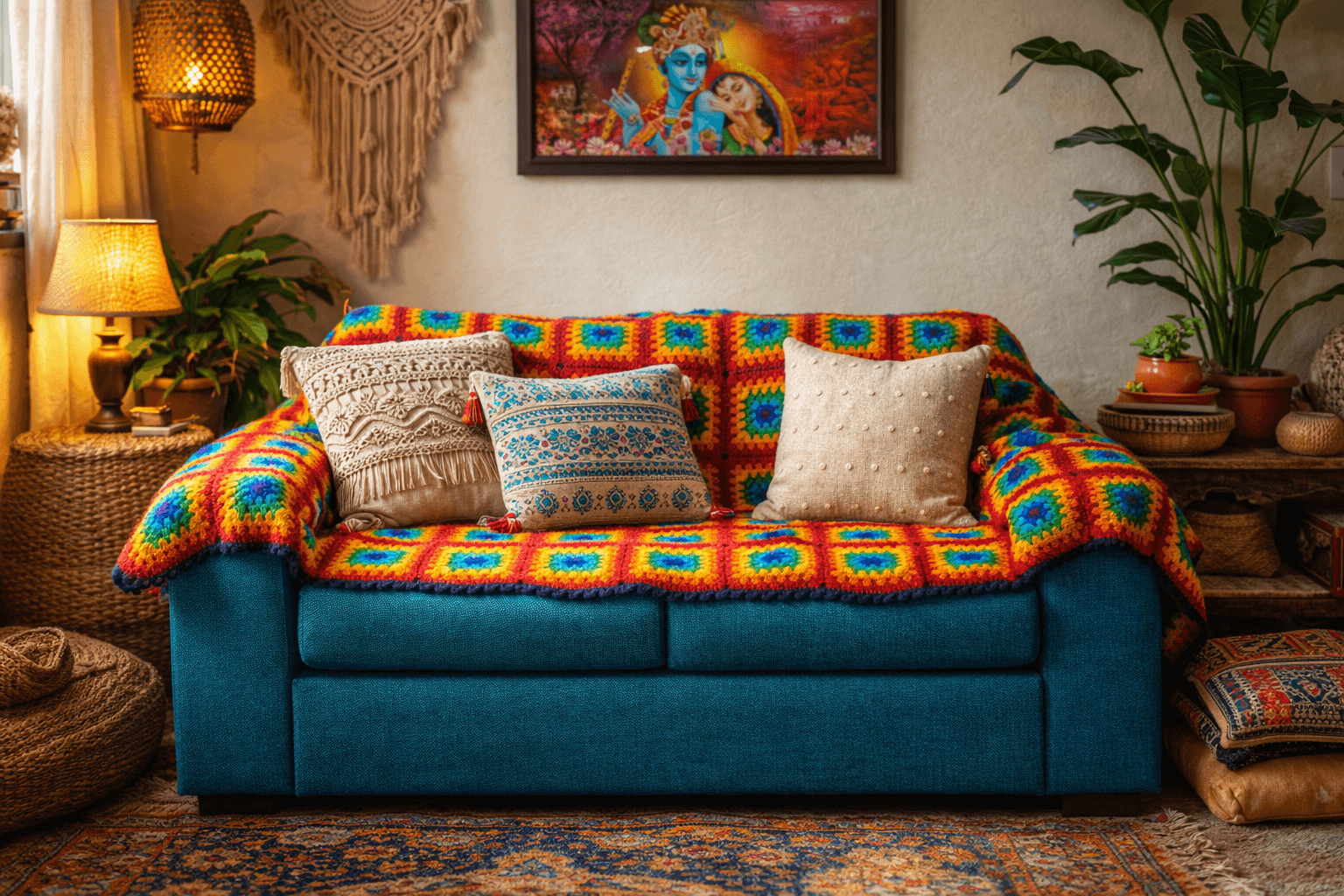 Nepal Handmade Granny Square 100% Wool Sofa Couch Cover Blanket – Single, Two & Three; Loveseat Sheep Woolen Throw Slipcover
