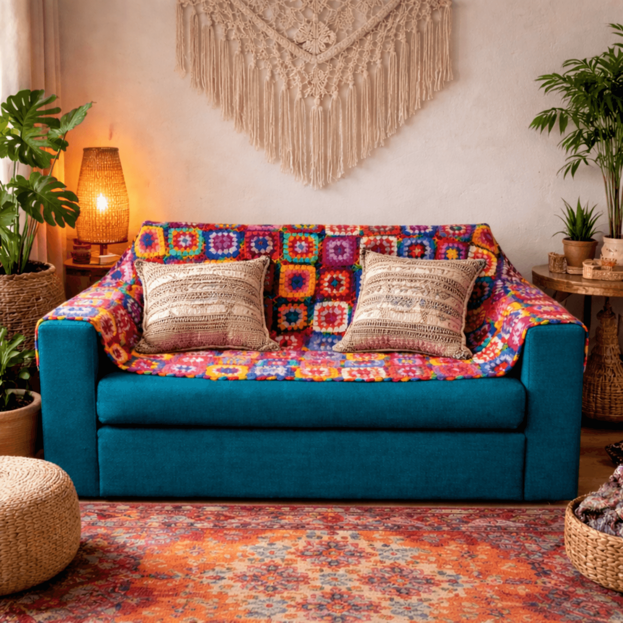 Nepal Handmade Granny Square 100% Wool Sofa Couch Cover Blanket – Single, Two, Three & Loveseat Sheep Woolen Throw Slipcover – Multicolor